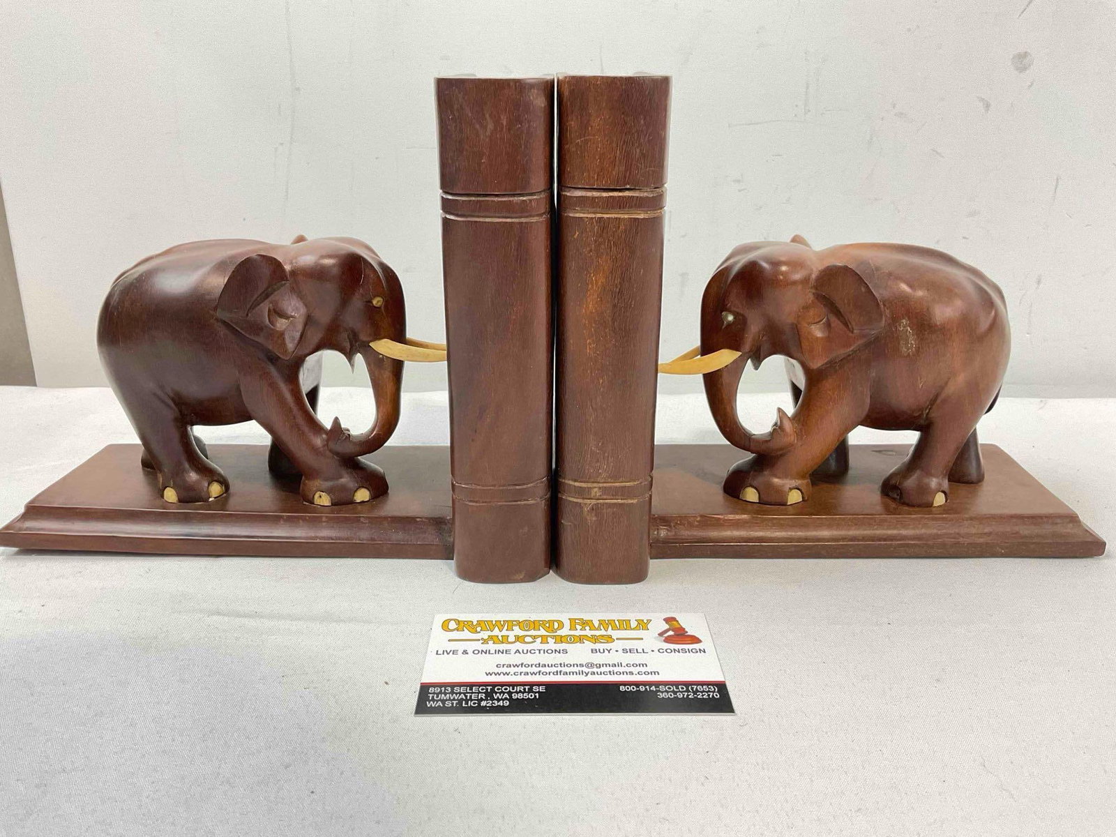 Vintage Charming Carved Mahogany? Wooden Elephant Bookends. Fair Condition. See pics. - 5