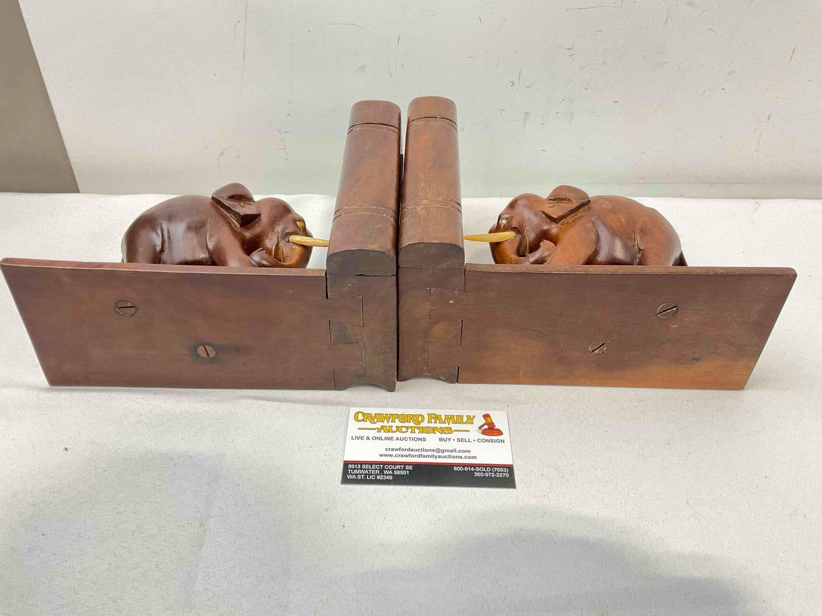 Vintage Charming Carved Mahogany? Wooden Elephant Bookends. Fair Condition. See pics. - 6