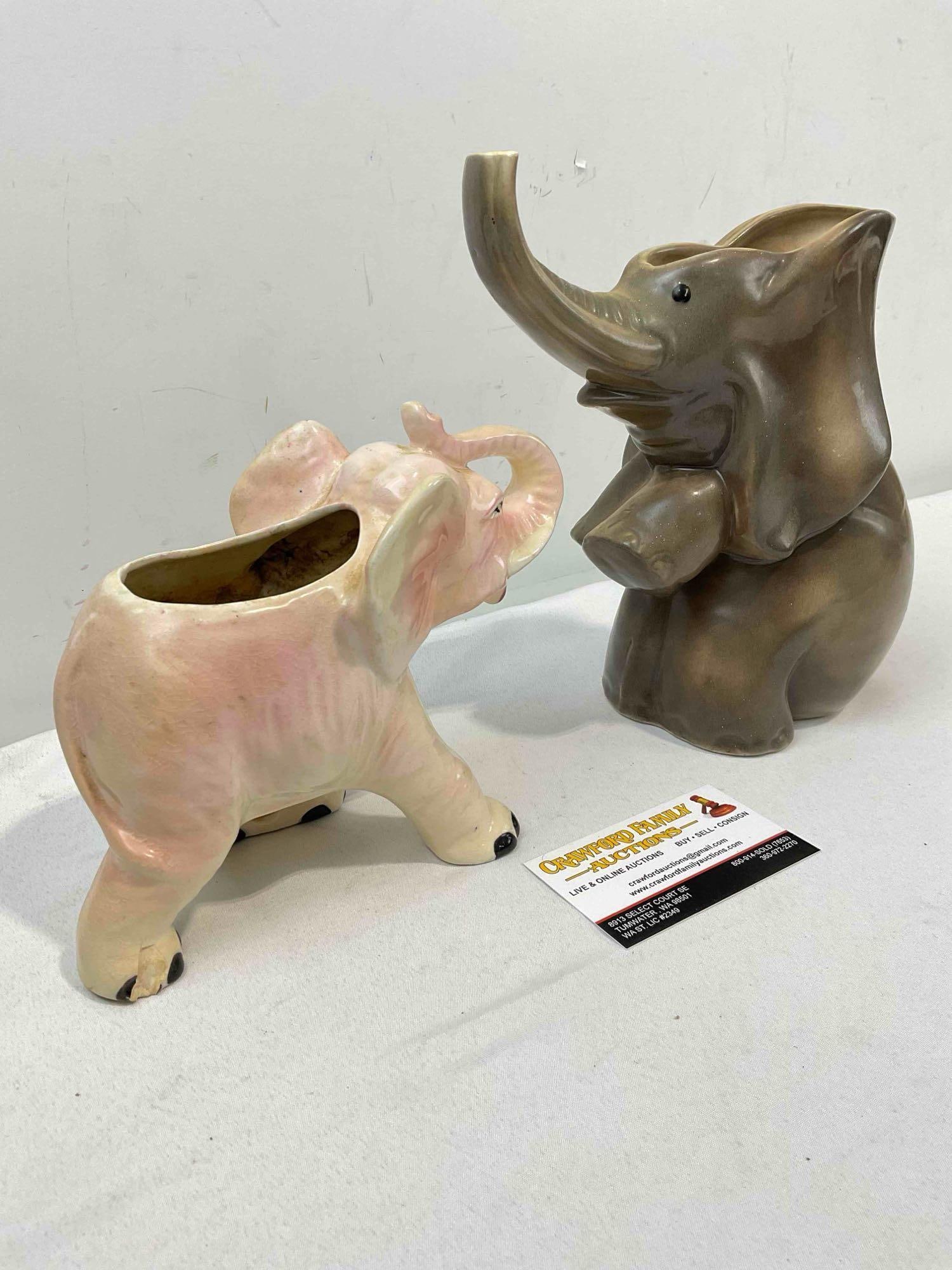 2 pcs Vintage Ceramic Elephant Figural Planters, Pink & Gray Glazed. Fair Condition. See pics. - 3