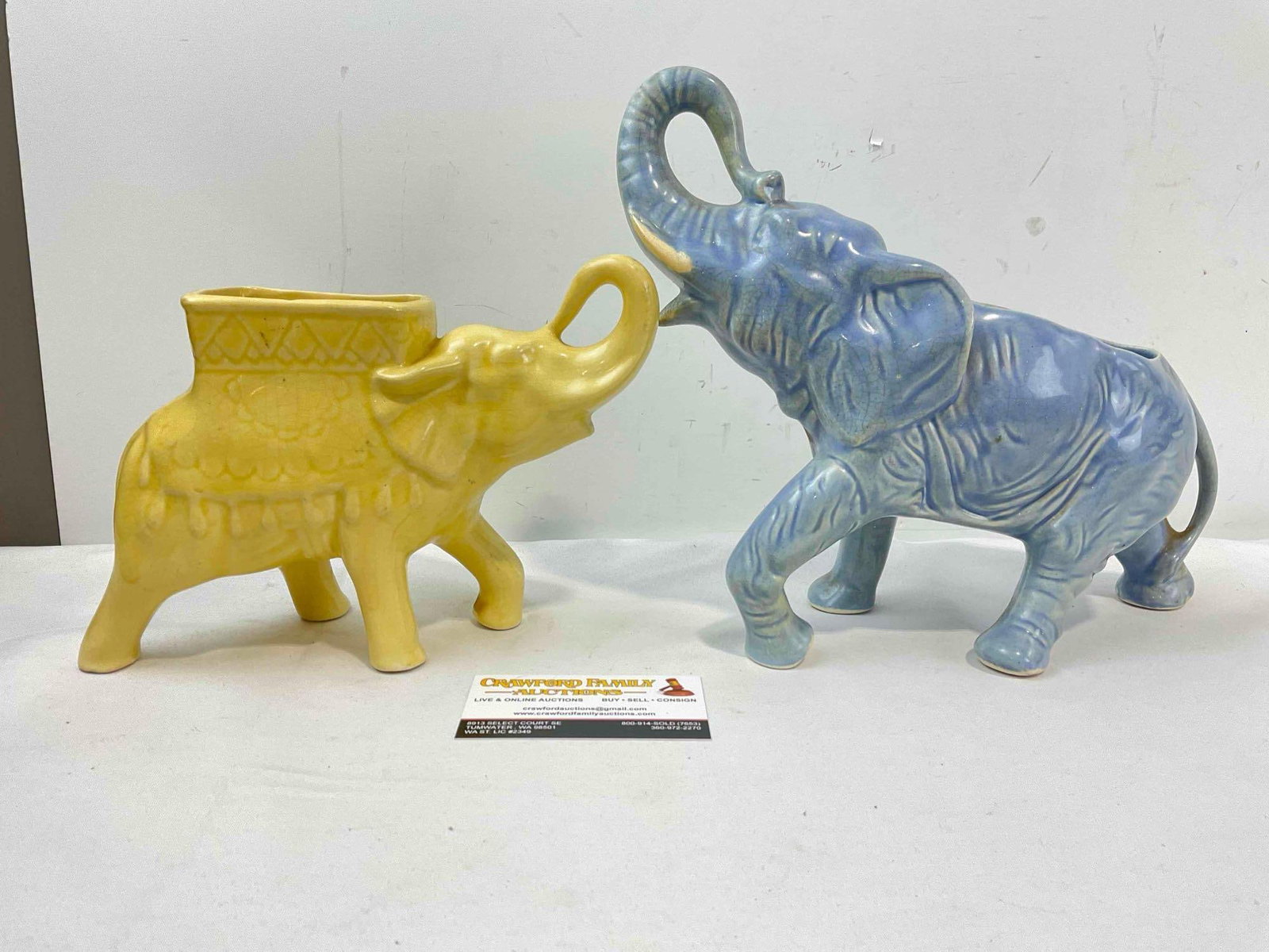 2 pcs Vintage Ceramic Elephant Figural Planters, Yellow & Blue Glazed. Good Condition. See pics. - 2