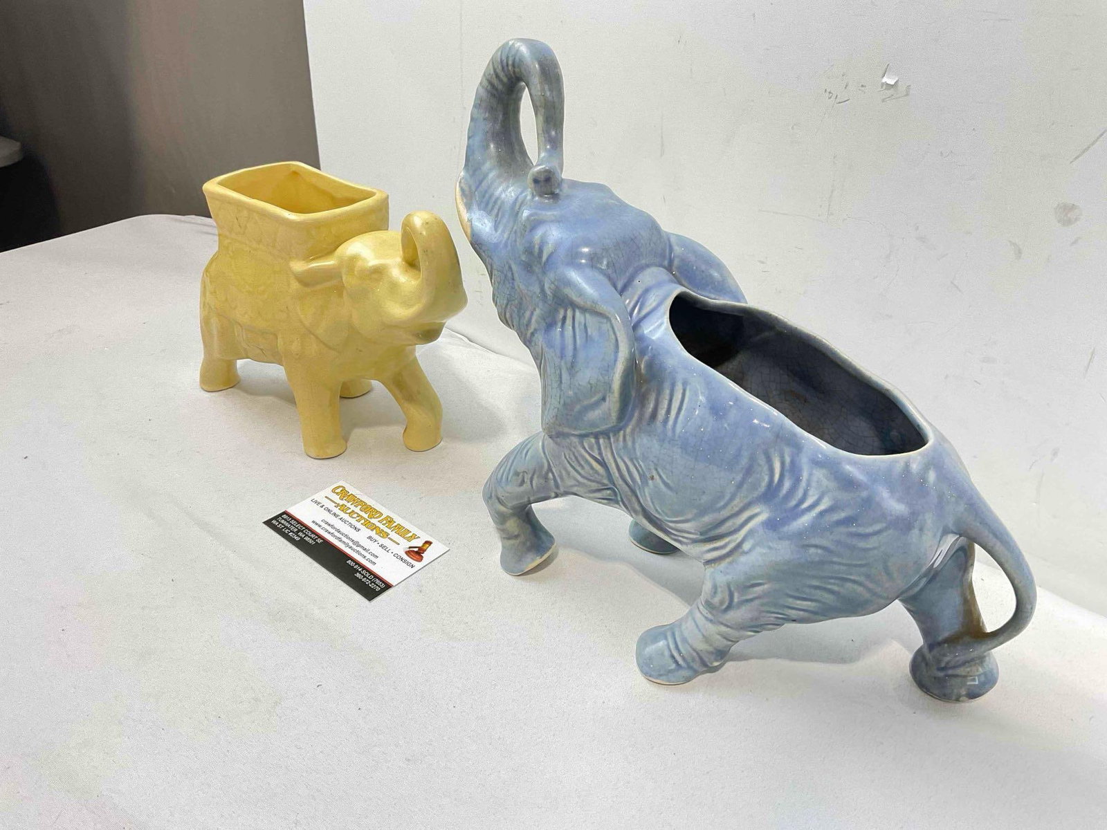 2 pcs Vintage Ceramic Elephant Figural Planters, Yellow & Blue Glazed. Good Condition. See pics. - 3