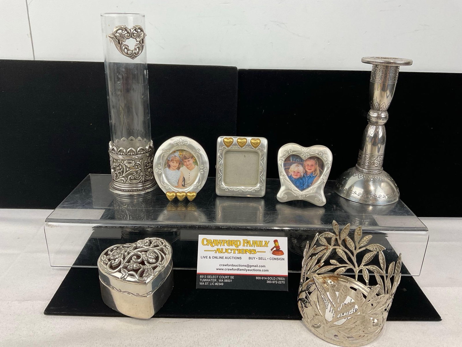 Brighton Budding Hearts Vase, Candlestick Holder, 3 Tiny Picture Frames, Heart Shaped Box: Appears to be in good shape. The piece measures approx 4h x 11w x 9d inches. See pics. E-6290