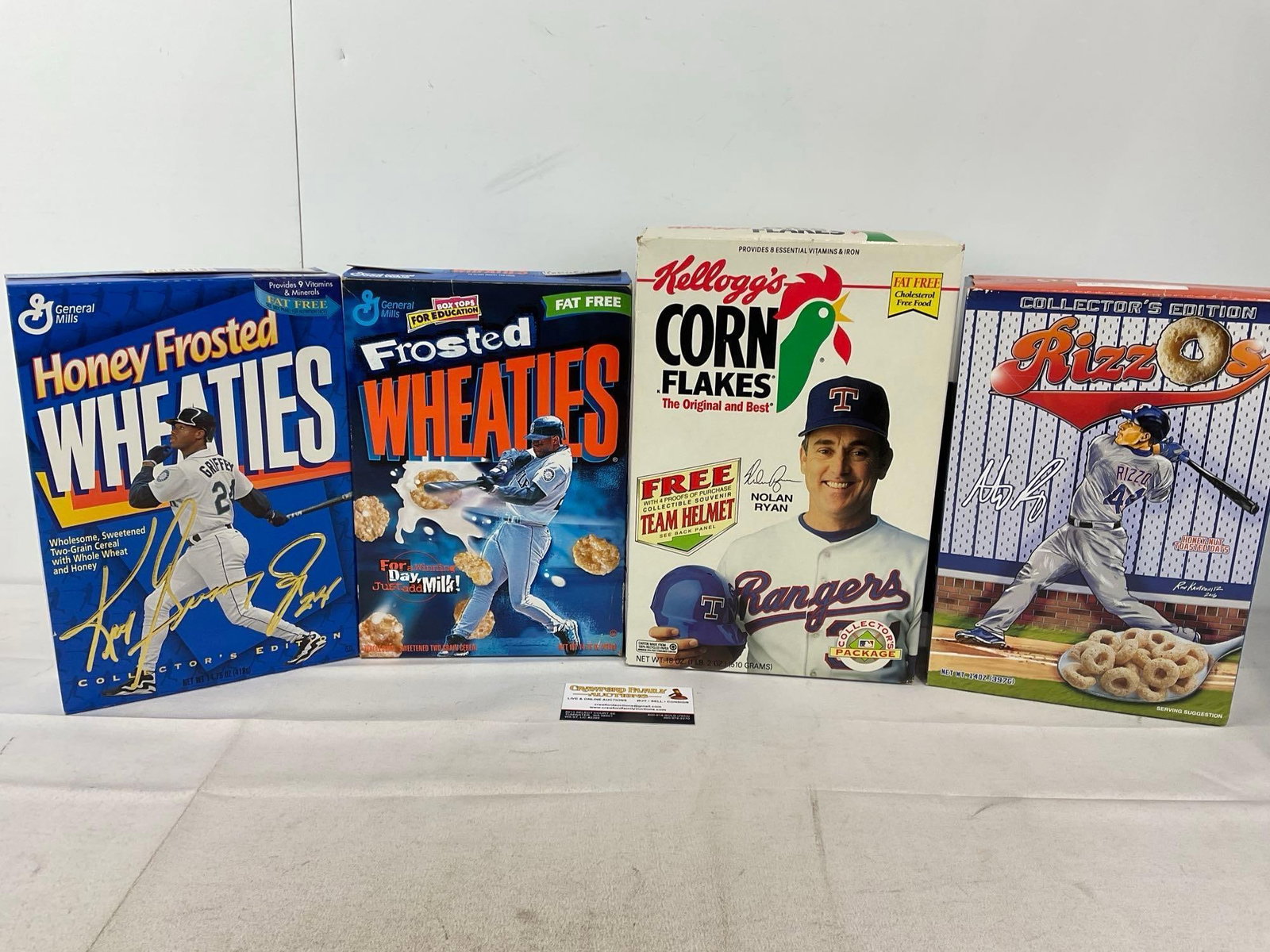 4 Cereal Boxes w/2x Ken Griffey Jr, Nolan Ryan, & Anthony Rizzo on the cover, Collectors Packages: Appears to be in good shape. The piece measures approx 14h x 13w x 13d inches. See pics. E-6290
