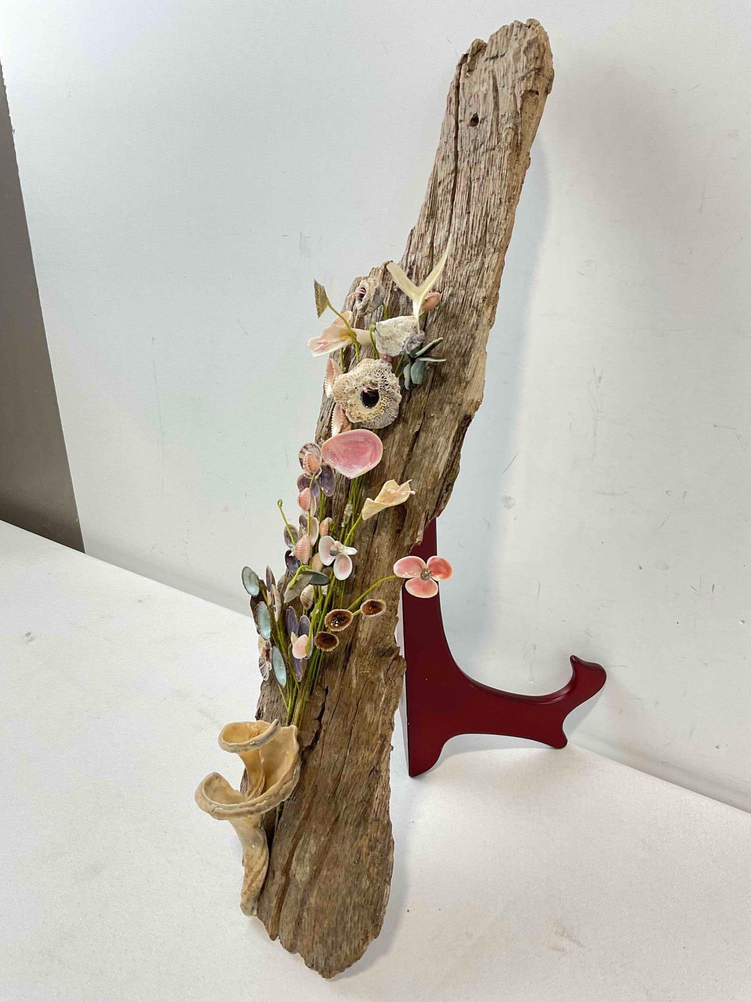 Vintage Driftwood & Seashell Decorative Wall Art w/ Floral Design. Fair Condition. See pics. - 2