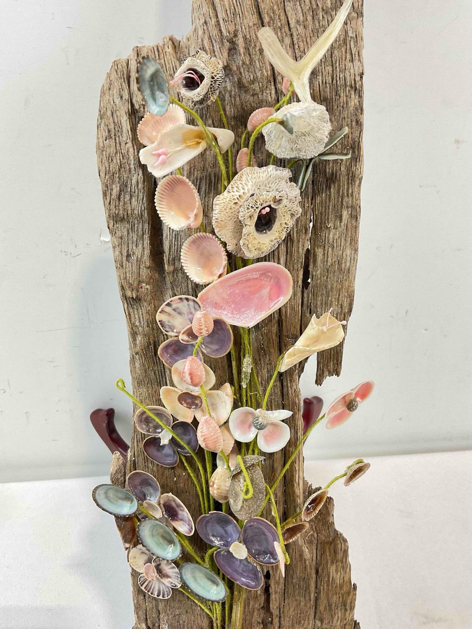 Vintage Driftwood & Seashell Decorative Wall Art w/ Floral Design. Fair Condition. See pics. - 4