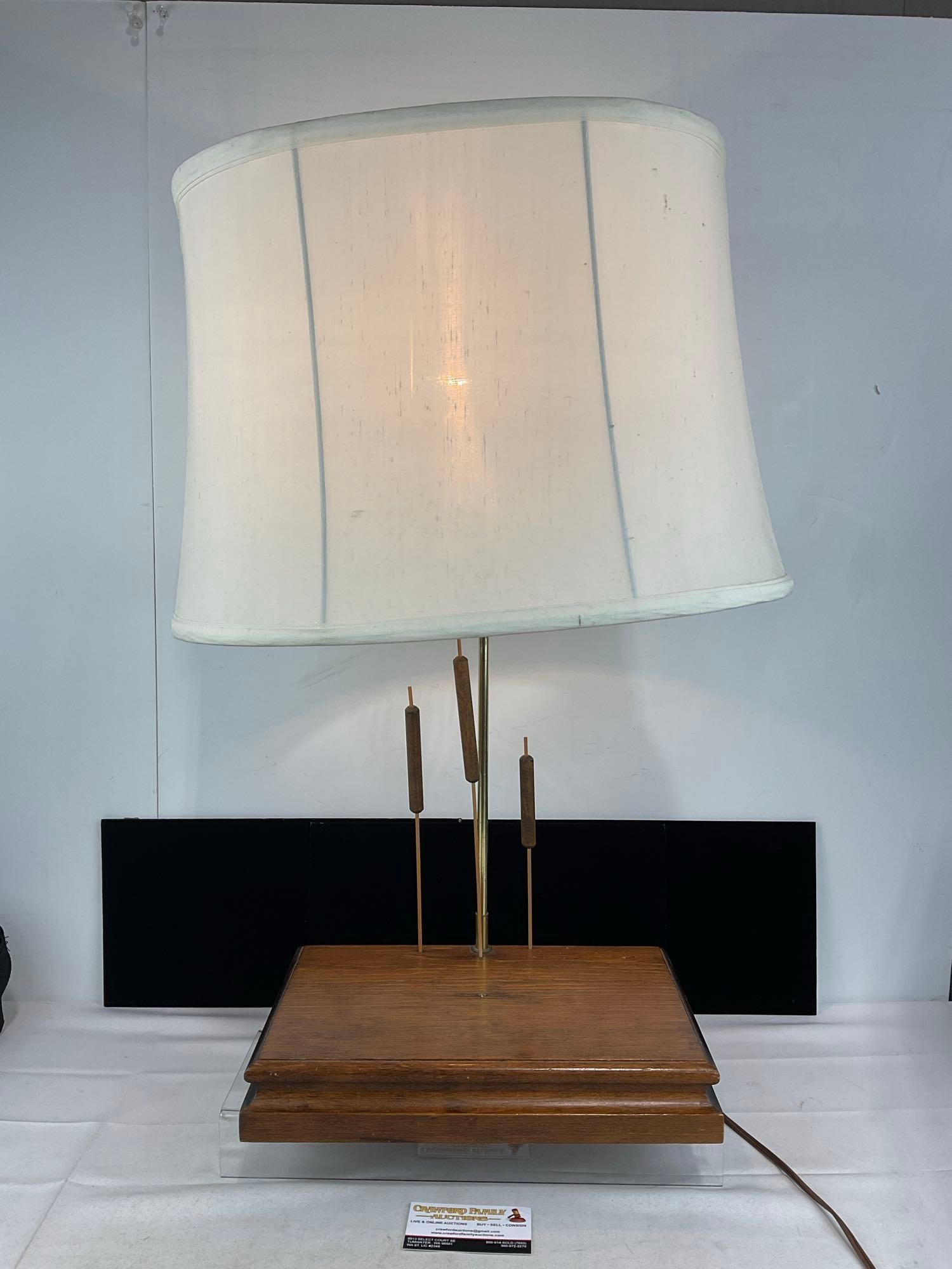 Vintage Table Lamp, 3 Wooden Cattails, w/White Shade, tested & working: Appears to be in fair to good shape, some tears in the shade. The piece measures approx 31h x 18w x 15d inches. See pics. E-6260