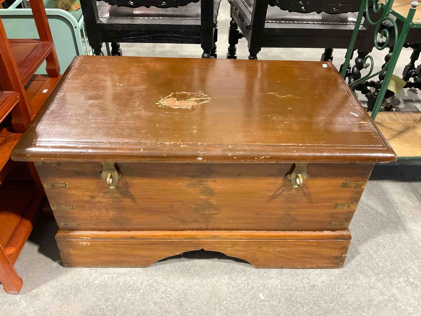 Vintage Wood Blanket Chest w/ Brass Details and Carved Inner Compartments. Fair Condition.: Vintage Wood Blanket Chest w/ Brass Details and Carved Inner Compartments. Fair Condition. Top has been scraped and looks to be missing a piece, needs some TLC, otherwise in Fair Condition. Measures 3
