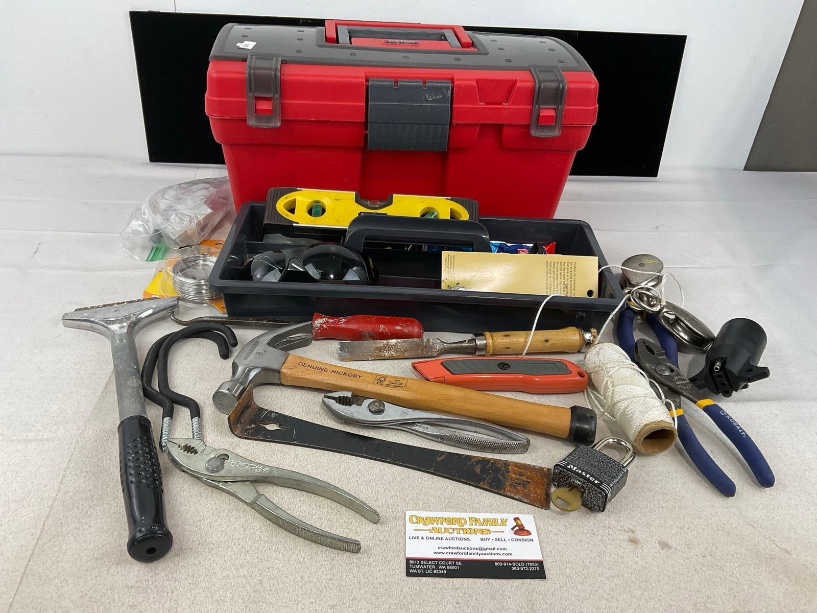 Keter Toolbox w/included Tools, Knives, mini level, Hammer, Pliers & more: Appears to be in good shape. The piece measures approx 9h x 17w x 10d inches. See pics. E-6190