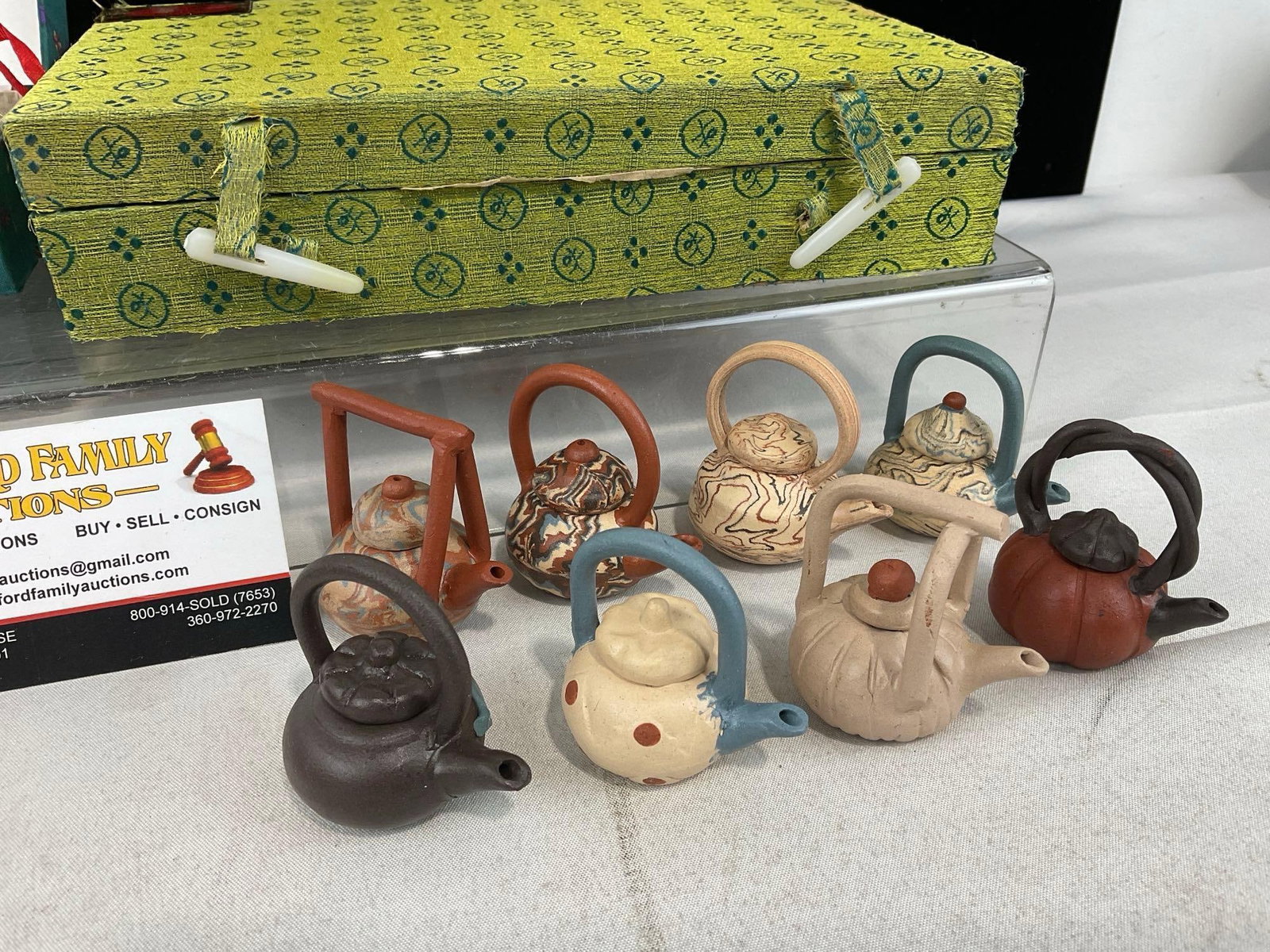 Set of 8 Chinese Mini Teapots, & Pair of cups, Pair of Baoding Balls, in boxes - 2