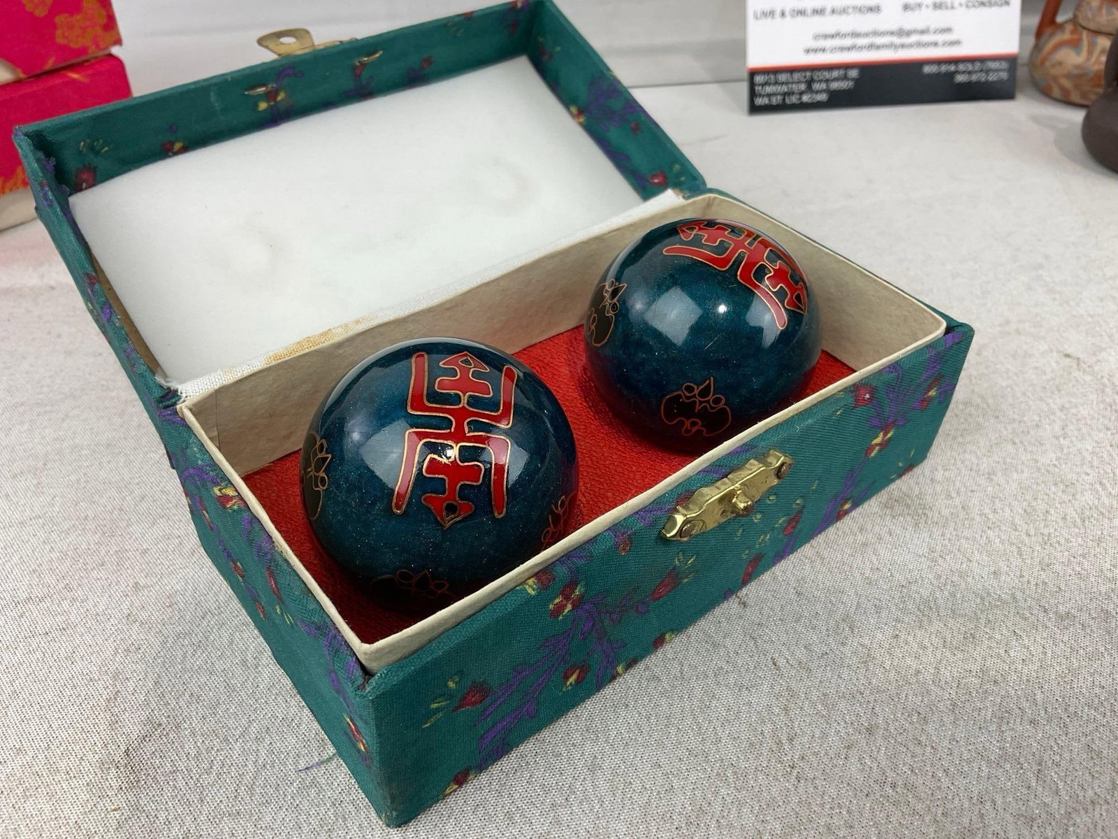 Set of 8 Chinese Mini Teapots, & Pair of cups, Pair of Baoding Balls, in boxes - 5