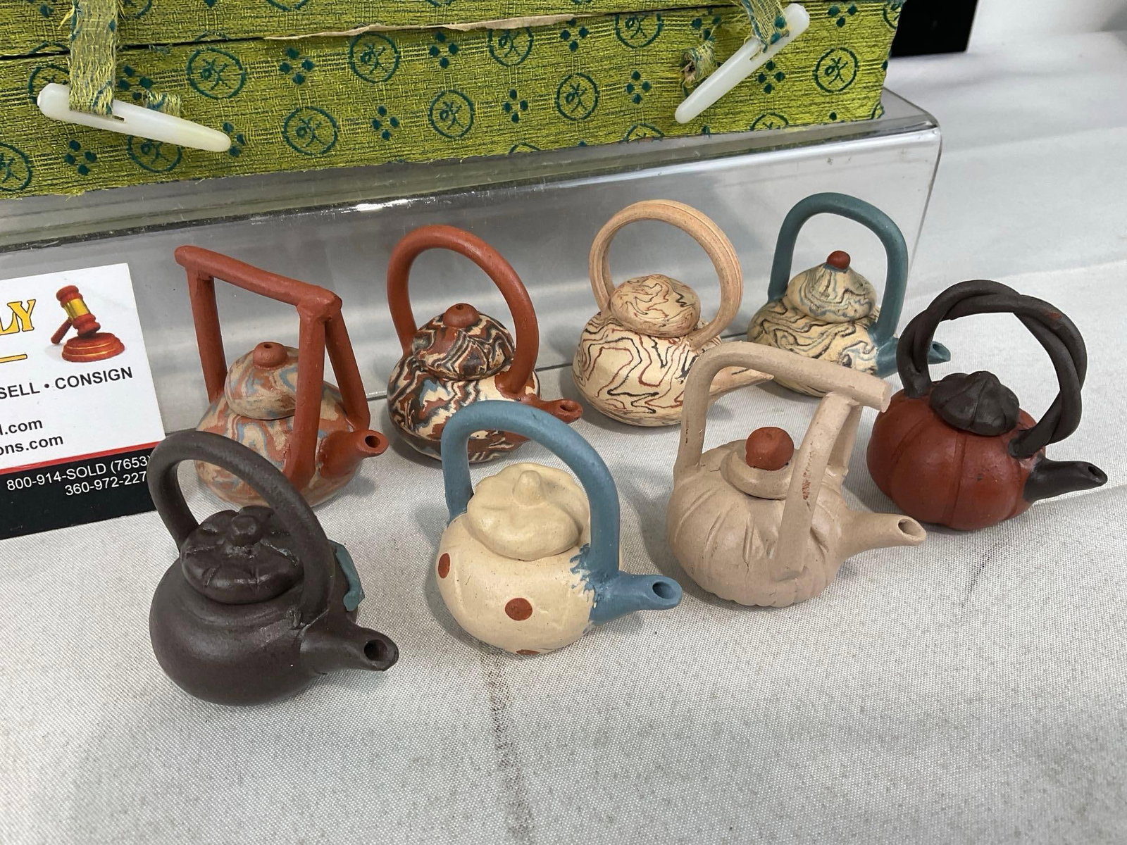 Set of 8 Chinese Mini Teapots, & Pair of cups, Pair of Baoding Balls, in boxes - 6