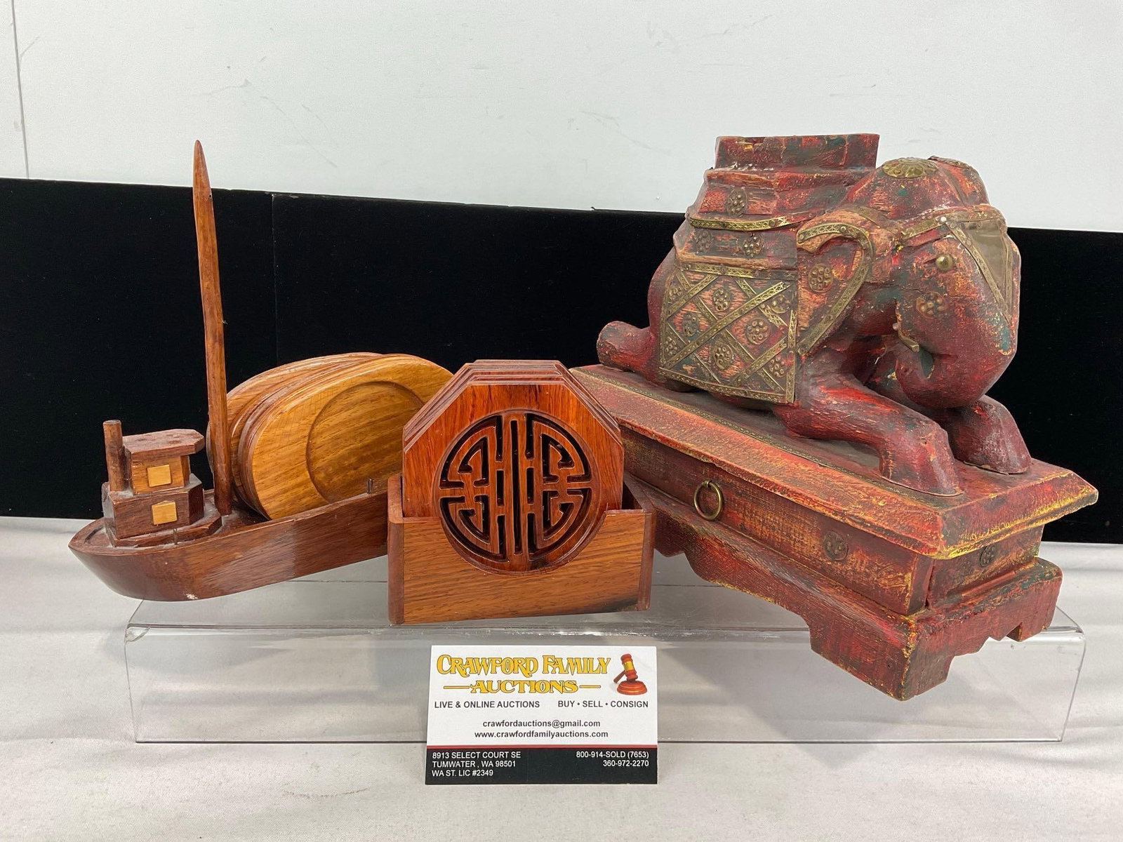 Handcarved & Painted Wooden Elephant Figure w/Trinket Drawer, Pair of Lovely Coaster Holsters: Appears to be in good shape. The piece measures approx 9h x 10w x 9d inches. See pics. E-6200