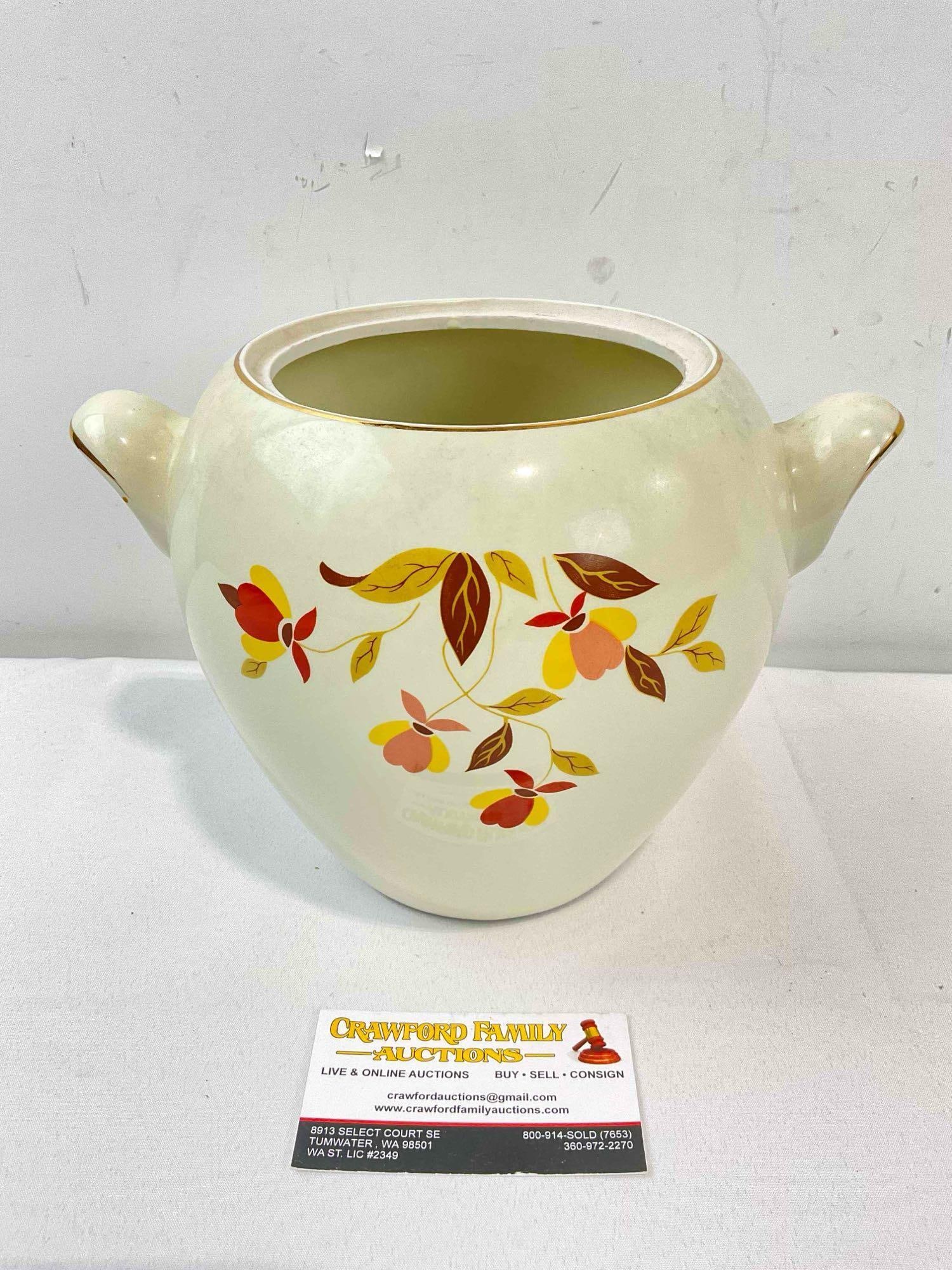 Vintage Hall's Superior China Ceramic Cookie Jar w/ Autumn Leaf Pattern. Far Condition. See pics.: Vintage Hall's Superior China Ceramic Cookie Jar w/ Autumn Leaf Pattern. Far Condition. Does not include a lid, has minor grime indicative of age and use, otherwise looks to be in fair condition. Meas