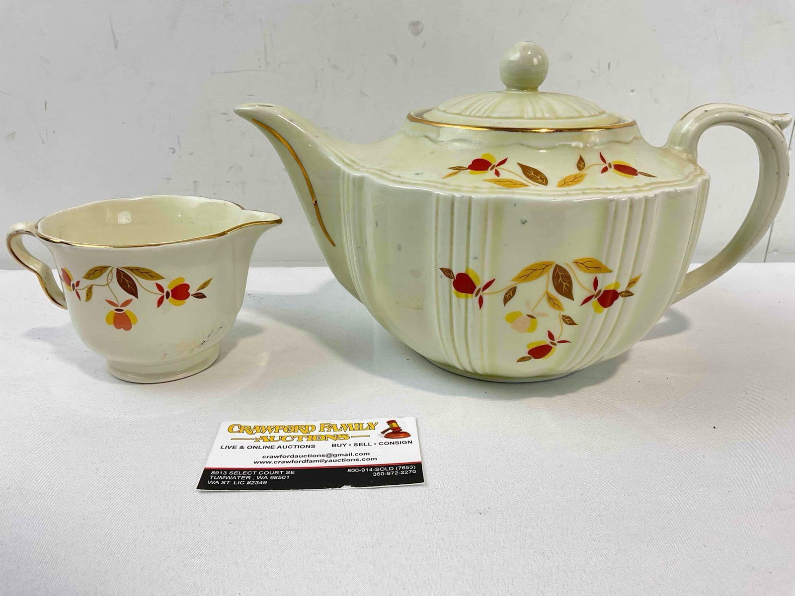 2 pcs Ceramic Assortment w/ Hall China's Autumn Leaf Design, 1x Marked Hall. Good Condition.: 2 pcs Ceramic Assortment w/ Hall China's Autumn Leaf Design, 1x Marked Hall. Good Condition. Teapot is unmarked but matches pattern copyrighted to Hall China. Minor grime and wear indicative of age an