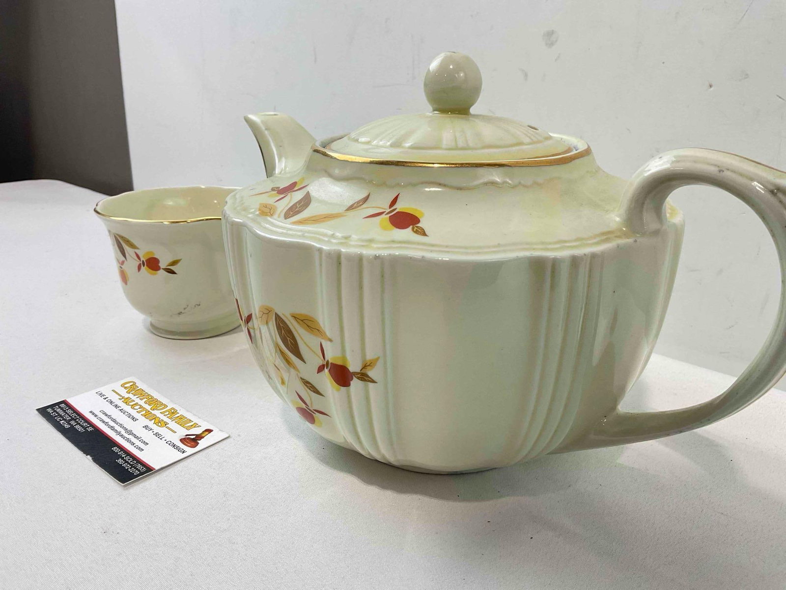2 pcs Ceramic Assortment w/ Hall China's Autumn Leaf Design, 1x Marked Hall. Good Condition. - 3