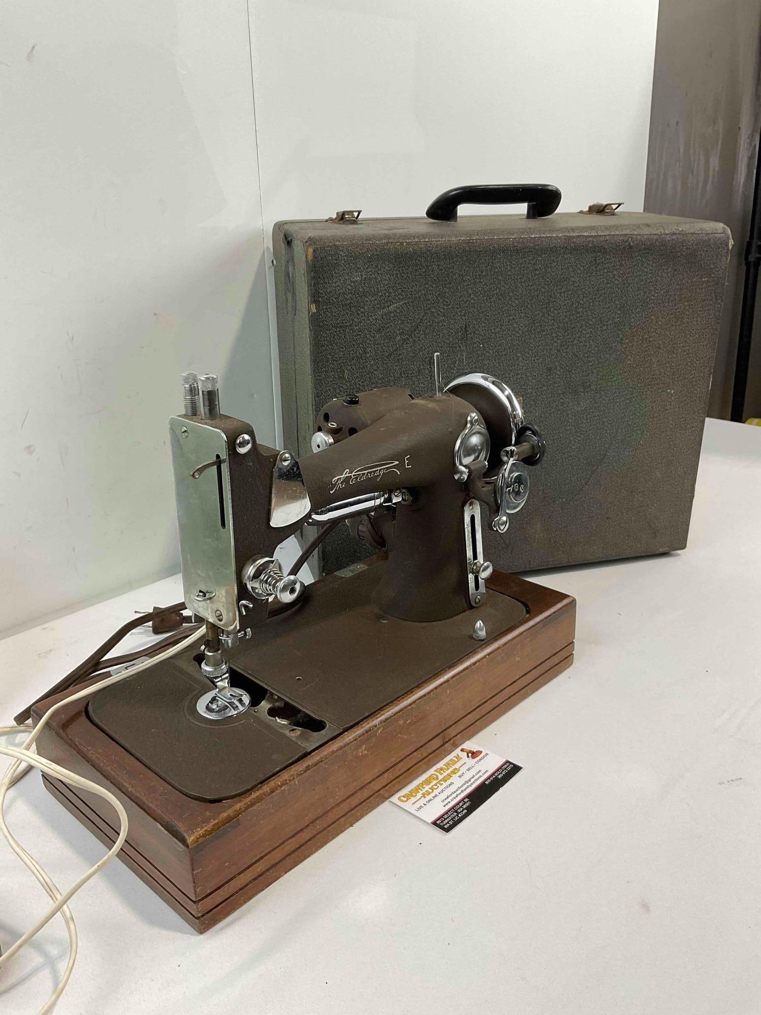 Vintage Eldredge "E" Electric Sewing Machine w/ Case & Attachments. Tested, Works. See pics. - 3