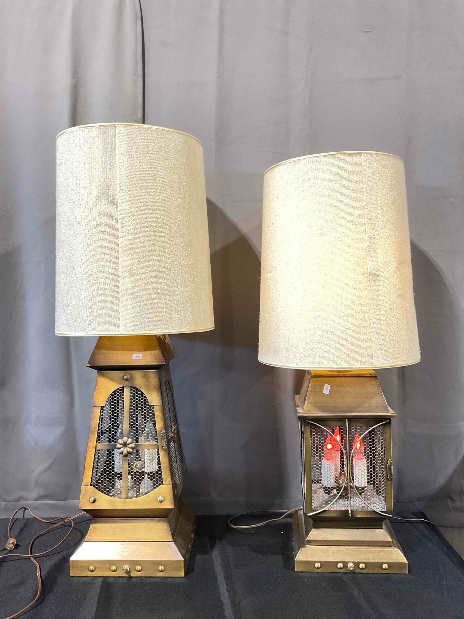 2 pcs Vintage Brass Toned Metal Lantern Style Table Lamps w/ Fabric Shades. Tested, Work. (1 of 9)
