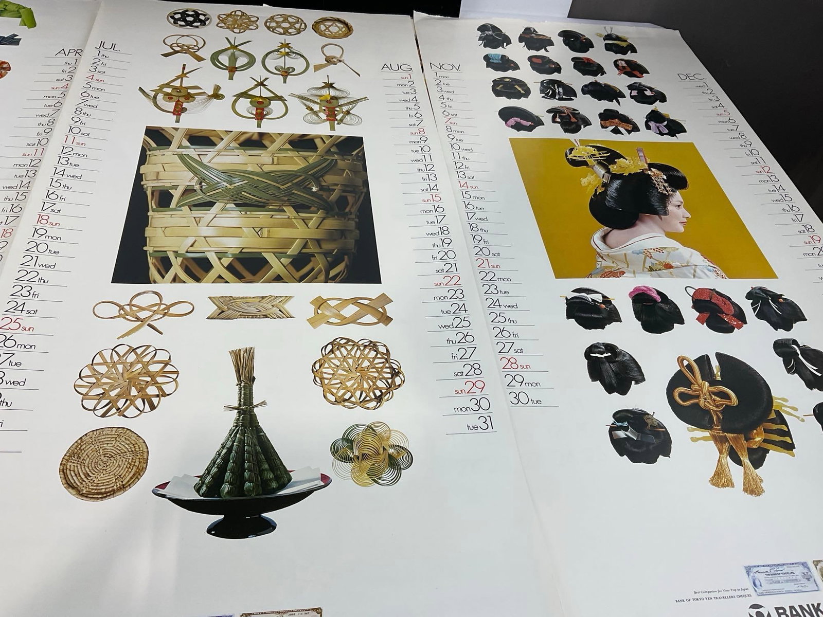 Set of 6 Japanese Artwork on Calendar Pages, missing approx 2 pages, Bank of Tokyo & more, 32x20 in - 3