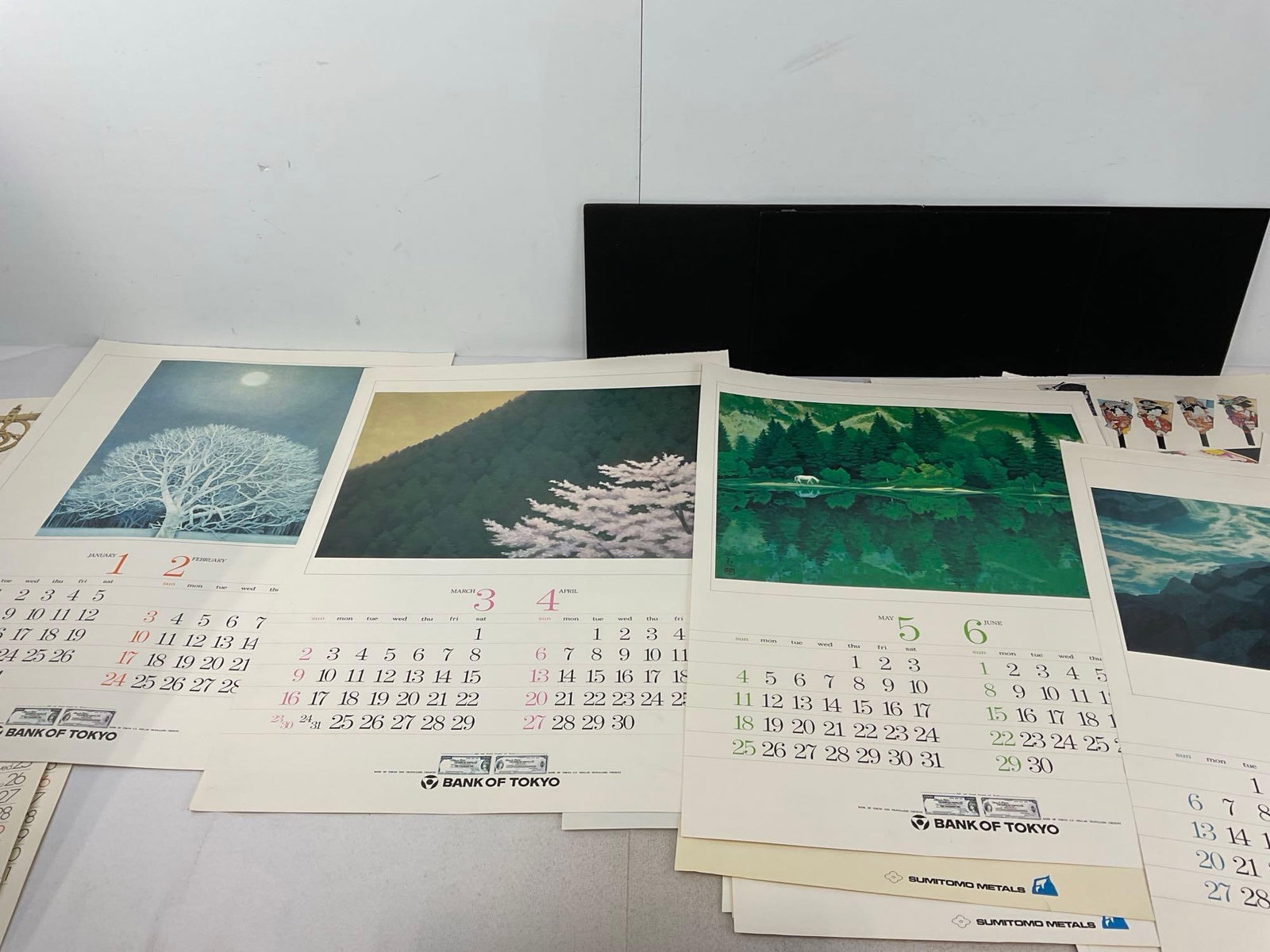 Set of 6 Japanese Artwork on Calendar Pages, missing approx 2 pages, Bank of Tokyo & more, 32x20 in - 4