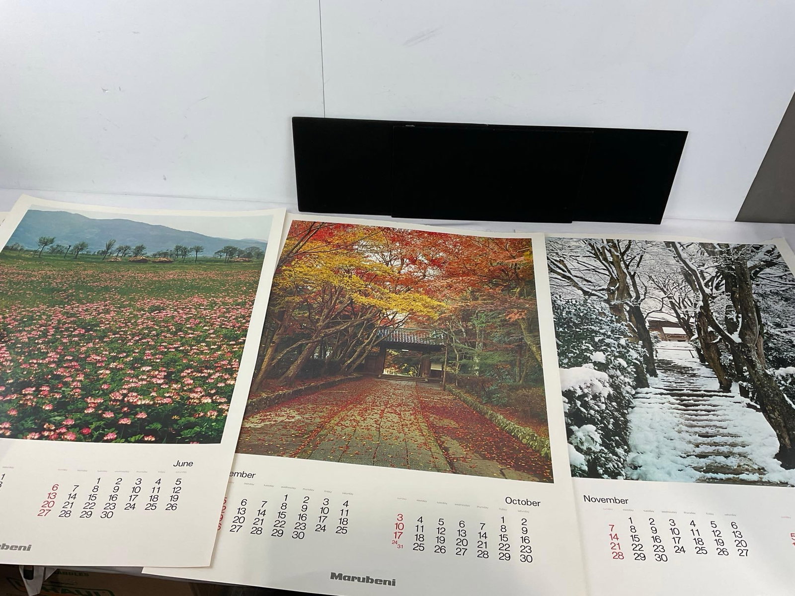 Set of 6 Japanese Artwork on Calendar Pages, missing approx 2 pages, Bank of Tokyo & more, 32x20 in - 8
