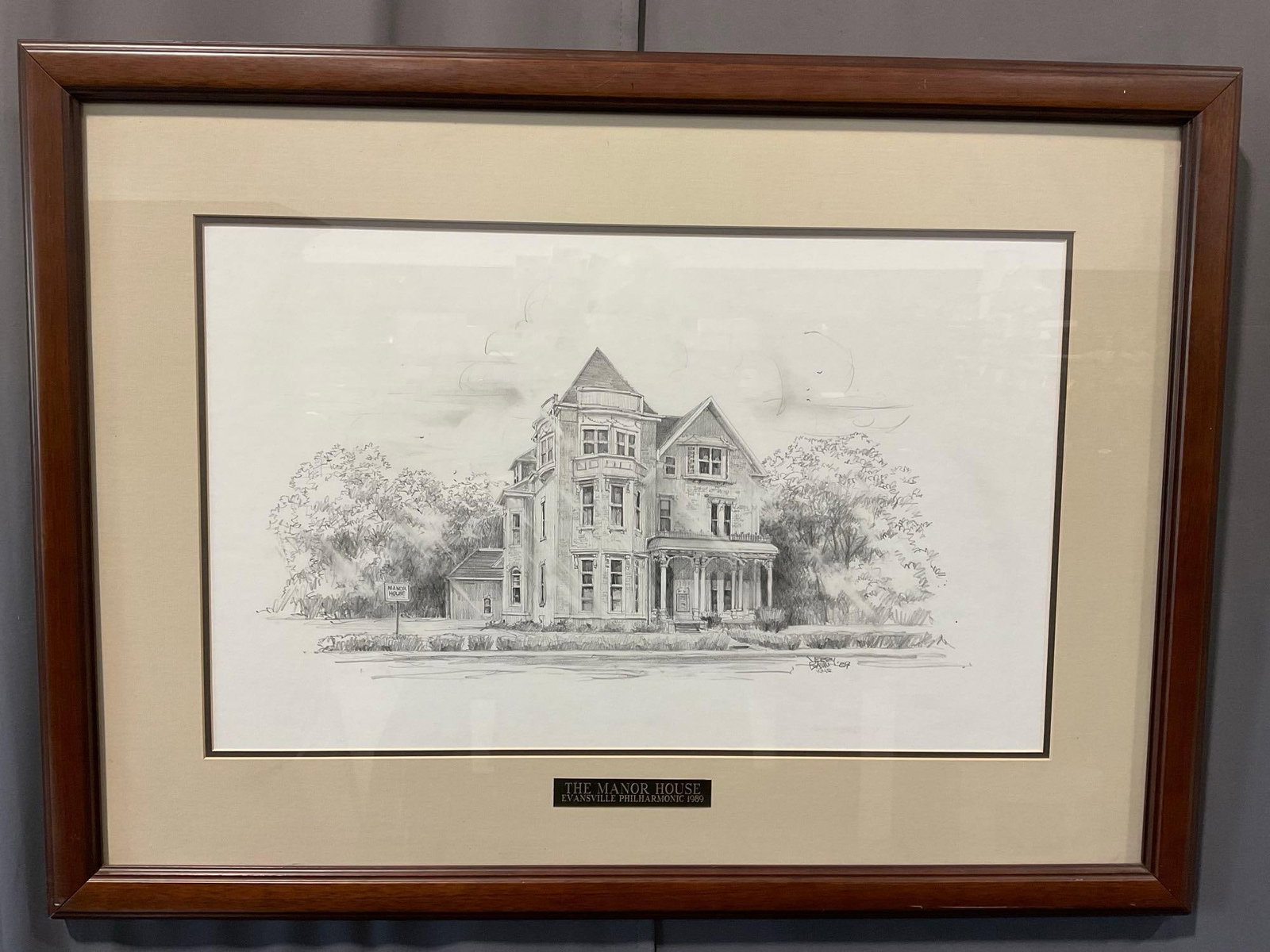 Framed Pencil Illustration Litho?, The Manor House of Evansville Philharmonic 1989, 28x37 inches: From the single consignment collection of Posters, Art, Records, & more from the estate of Stephen B. Kershaw, long time PNW conductor, & composer. This was a piece of where Kershaw was head o