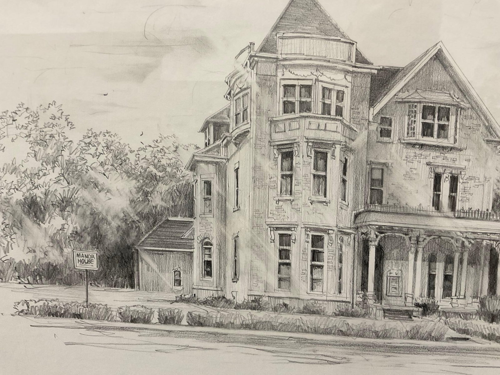 Framed Pencil Illustration Litho?, The Manor House of Evansville Philharmonic 1989, 28x37 inches - 4