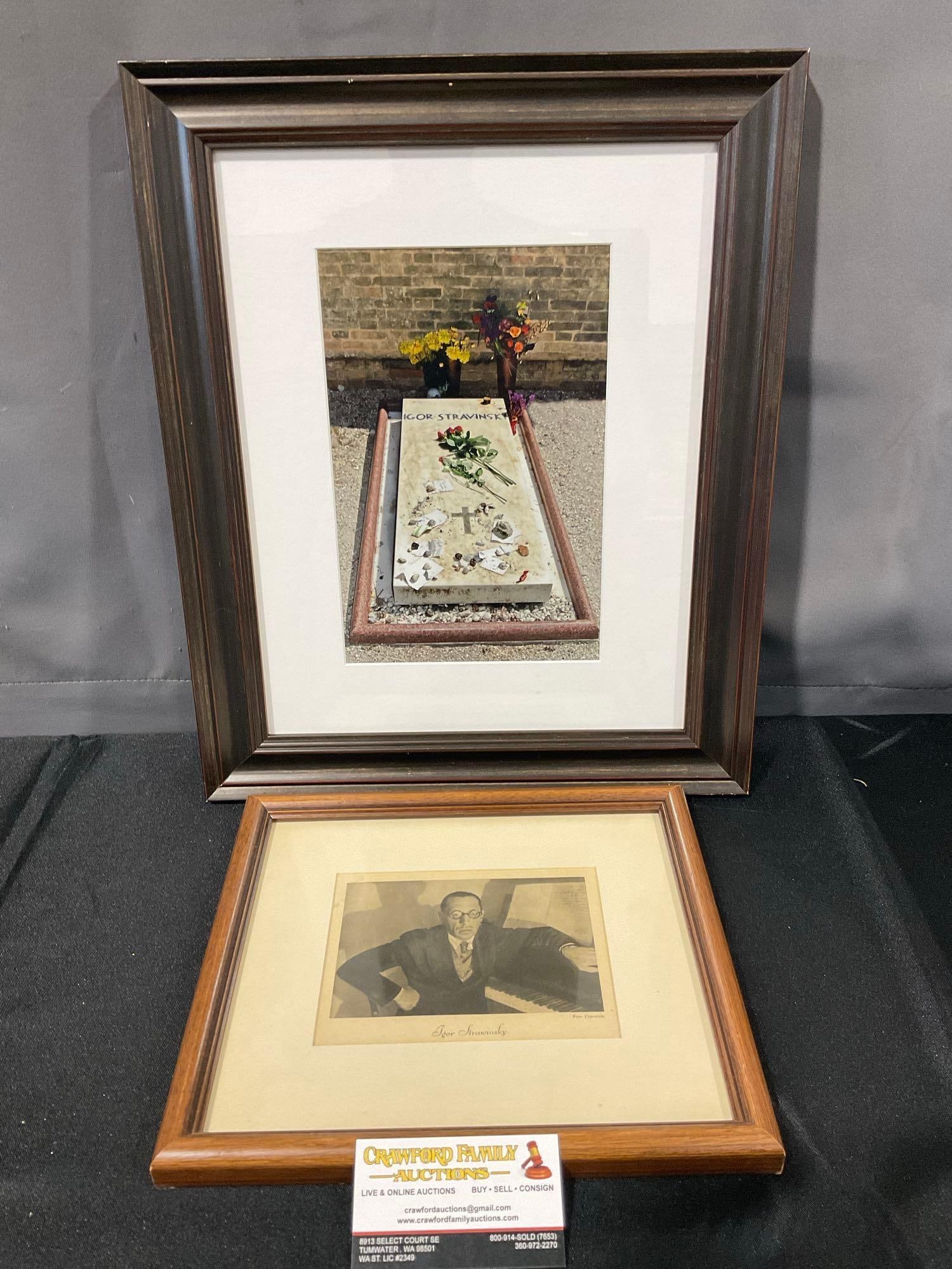 Igor Stravinsky lot - framed vintage photo print, Igor funeral plot photo in frame w/ additional: Largest piece is approx 14x17" JC-6020