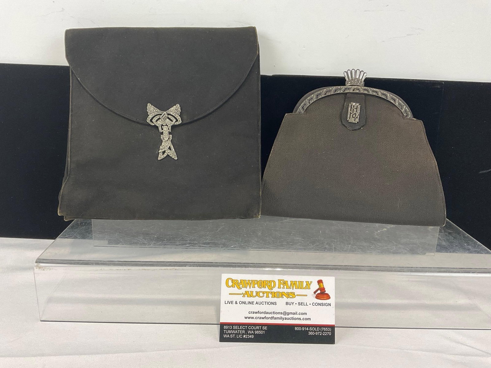 Pair of Early 20th Century Art Deco Evening Purses, Black cloth w/Metal Clasps & Inset Stones: Appears to be in good shape, a couple small marcasite or rhinestone pieces are missing, some marks from use. The piece measures approx 9h x 9w x 3d inches. See pics. E-6630