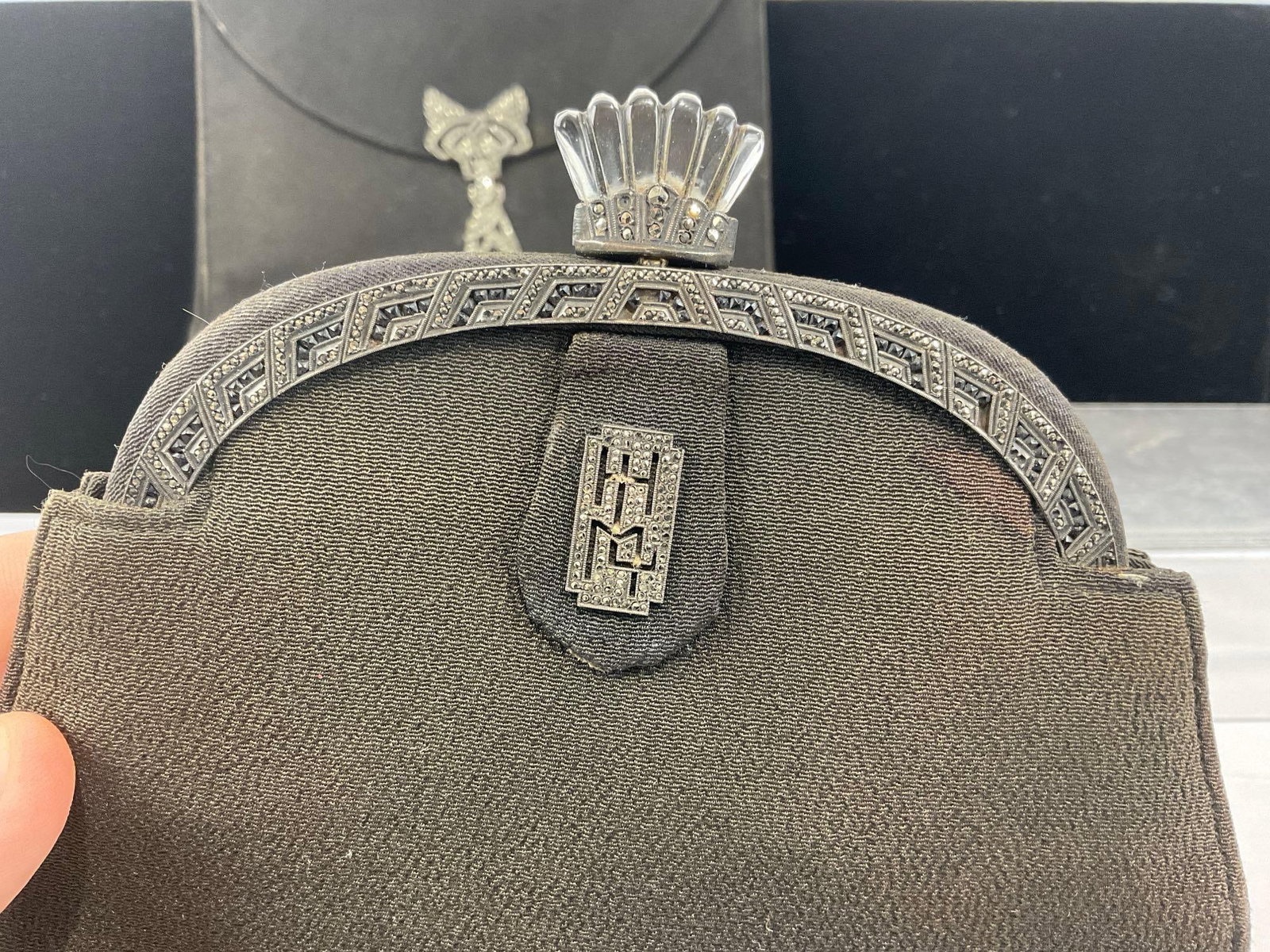 Pair of Early 20th Century Art Deco Evening Purses, Black cloth w/Metal Clasps & Inset Stones - 2