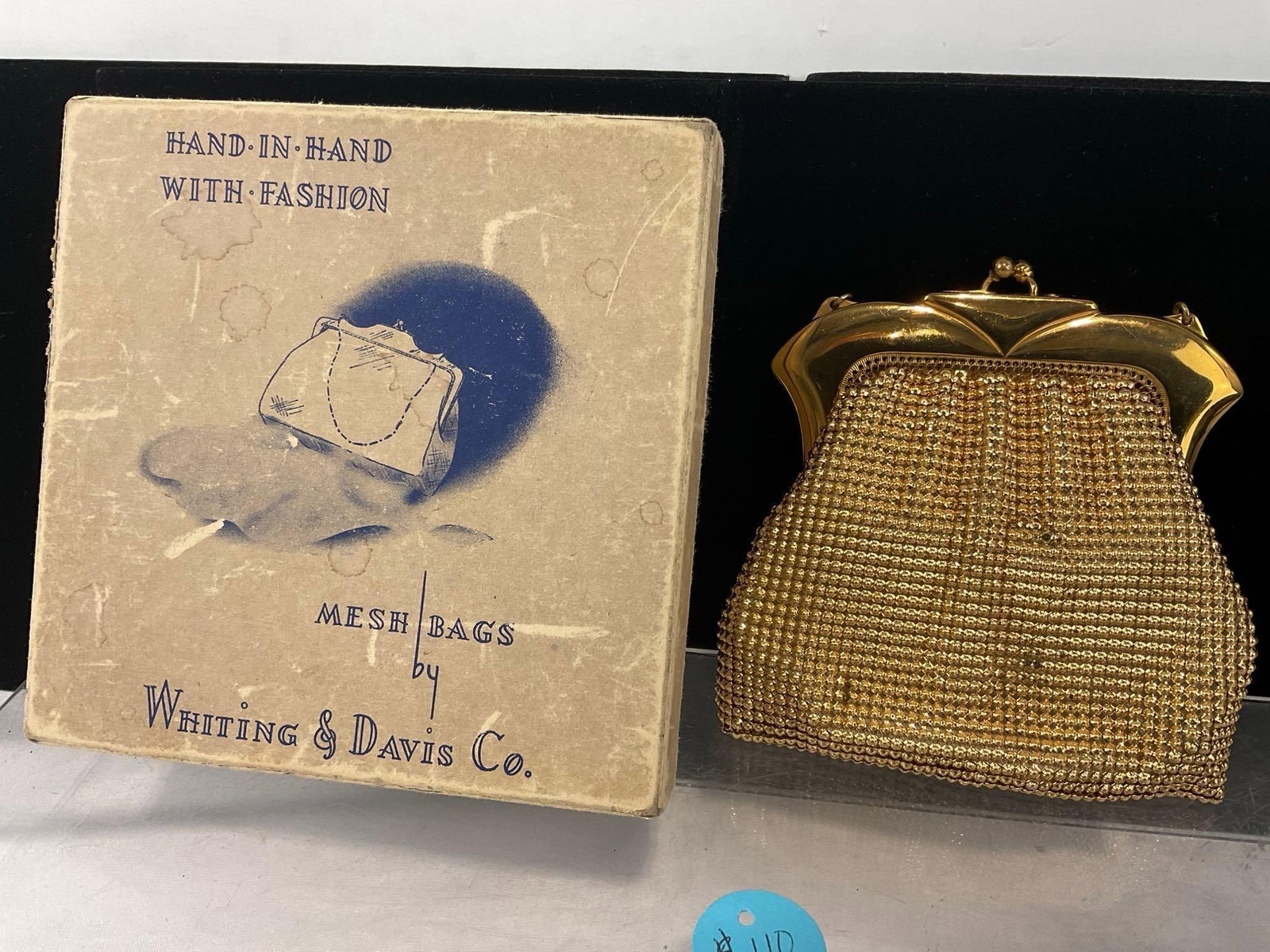 Early 20th Century Brass Whiting & Davis Mesh Bag, Mustard Yellow liner, w/original cardboard box - 2