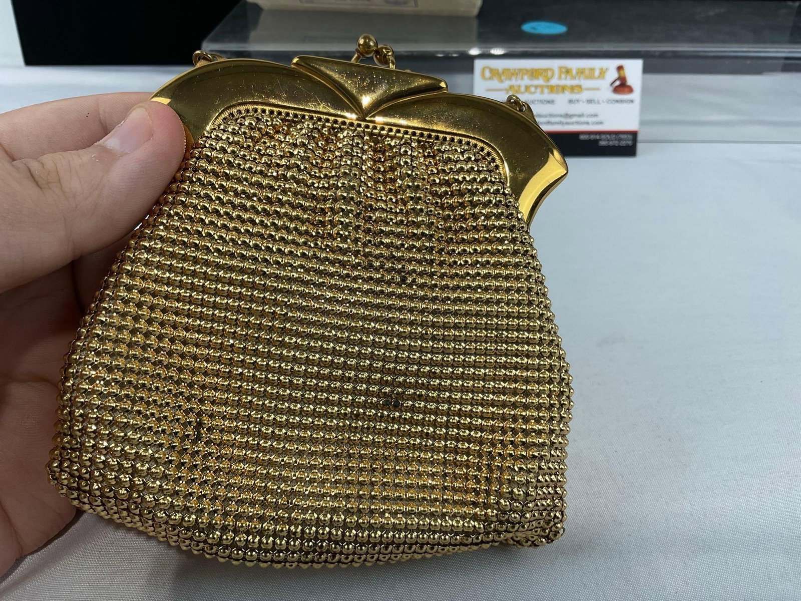 Early 20th Century Brass Whiting & Davis Mesh Bag, Mustard Yellow liner, w/original cardboard box - 3