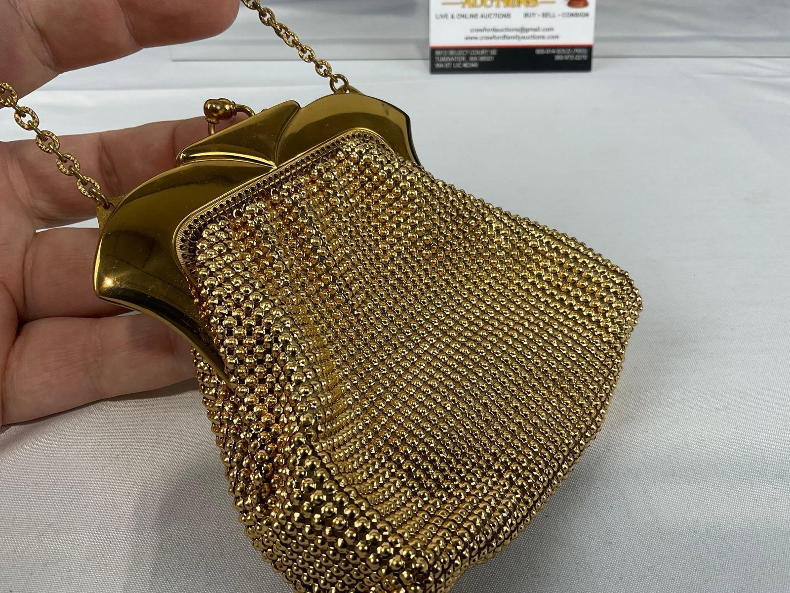 Early 20th Century Brass Whiting & Davis Mesh Bag, Mustard Yellow liner, w/original cardboard box - 4