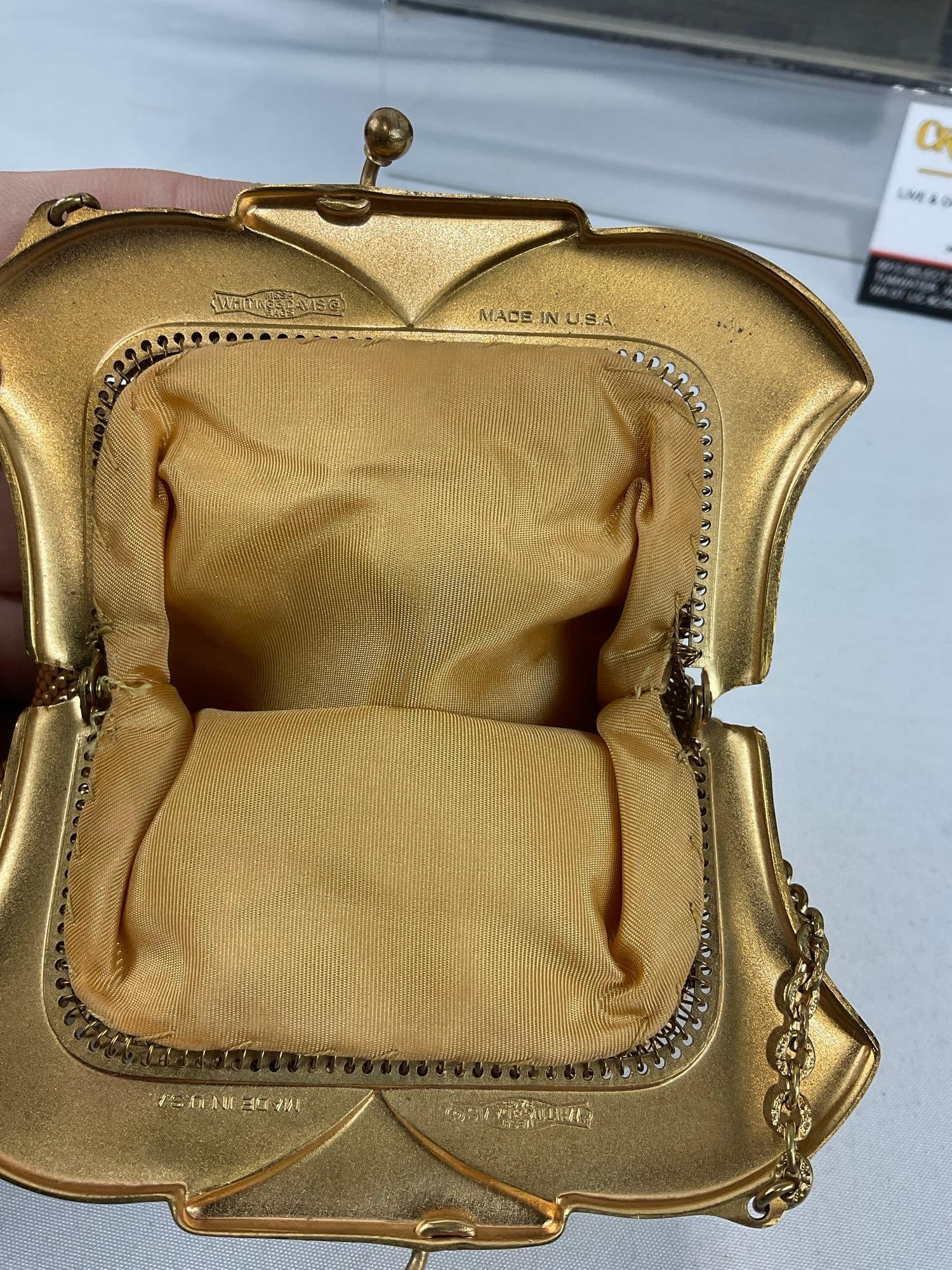 Early 20th Century Brass Whiting & Davis Mesh Bag, Mustard Yellow liner, w/original cardboard box - 5