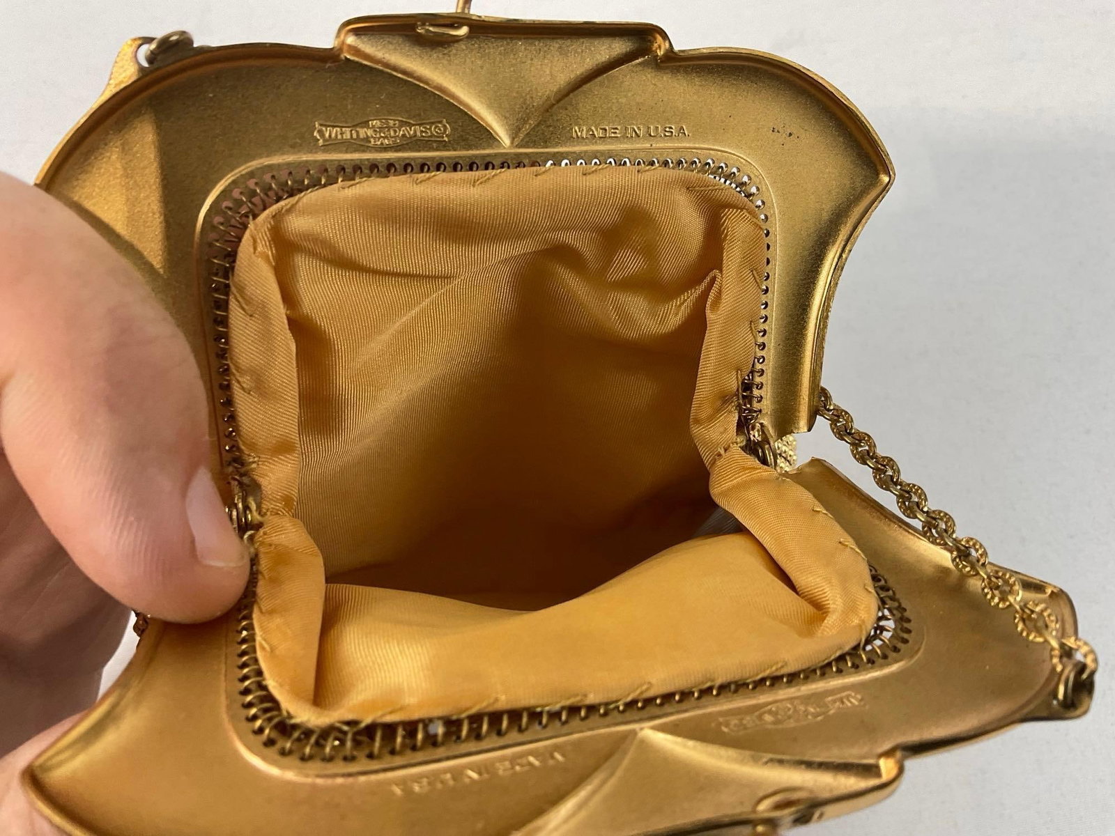 Early 20th Century Brass Whiting & Davis Mesh Bag, Mustard Yellow liner, w/original cardboard box - 6