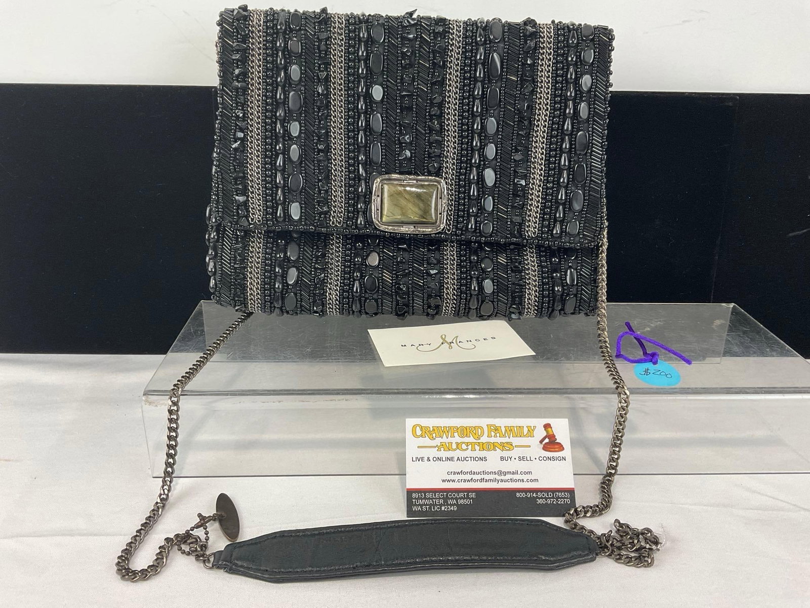 High End Mary Frances Purse, Black Beads on Black Fabric, Labradorite(?) Gemstone w/Tags & COA: Previously listed for 200 dollars. Appears to be in good shape, some imperfections in the stone on the clasp & some of the beading. The piece measures approx 9h x 10w x 3d inches. See pics. E-6630