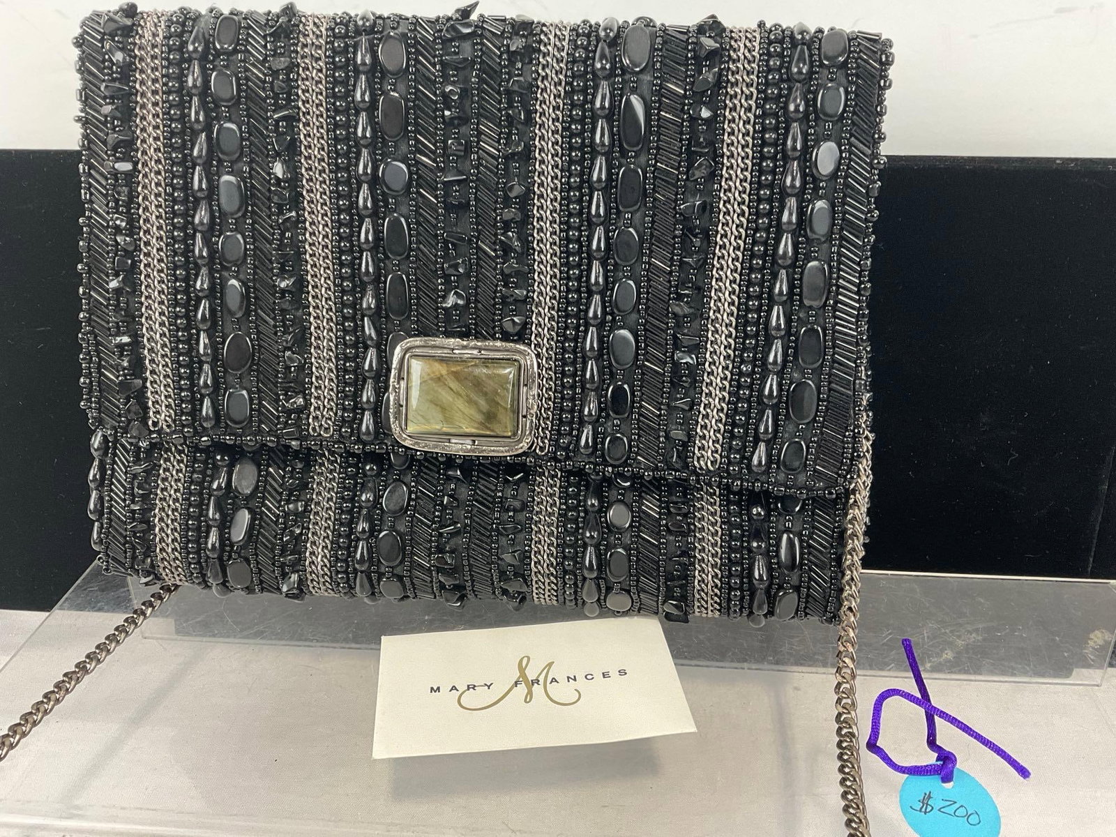 High End Mary Frances Purse, Black Beads on Black Fabric, Labradorite(?) Gemstone w/Tags & COA - 2