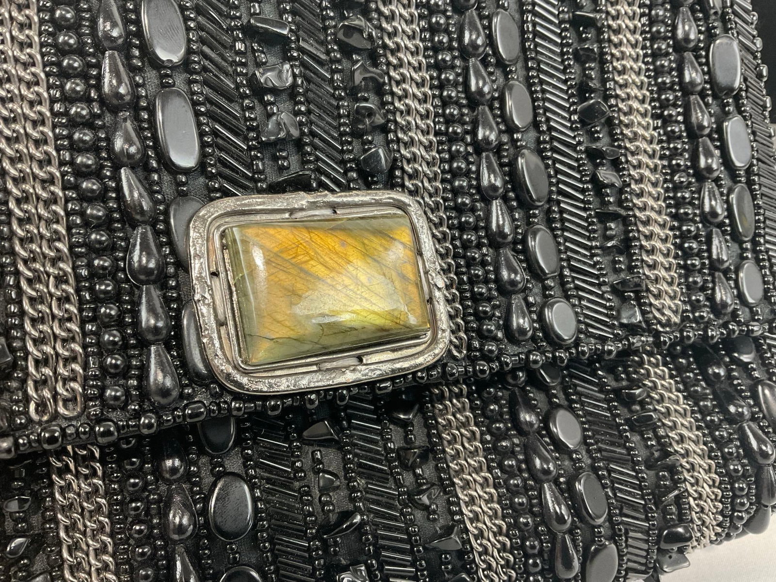 High End Mary Frances Purse, Black Beads on Black Fabric, Labradorite(?) Gemstone w/Tags & COA - 5