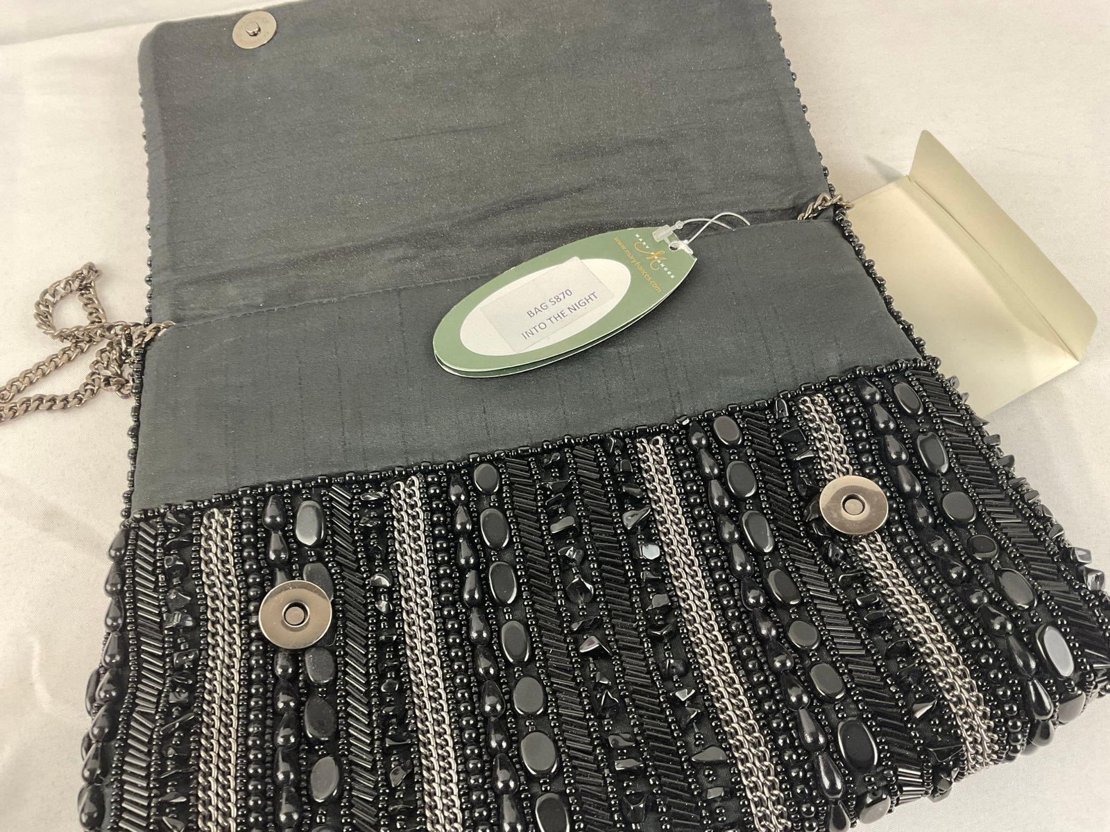High End Mary Frances Purse, Black Beads on Black Fabric, Labradorite(?) Gemstone w/Tags & COA - 7