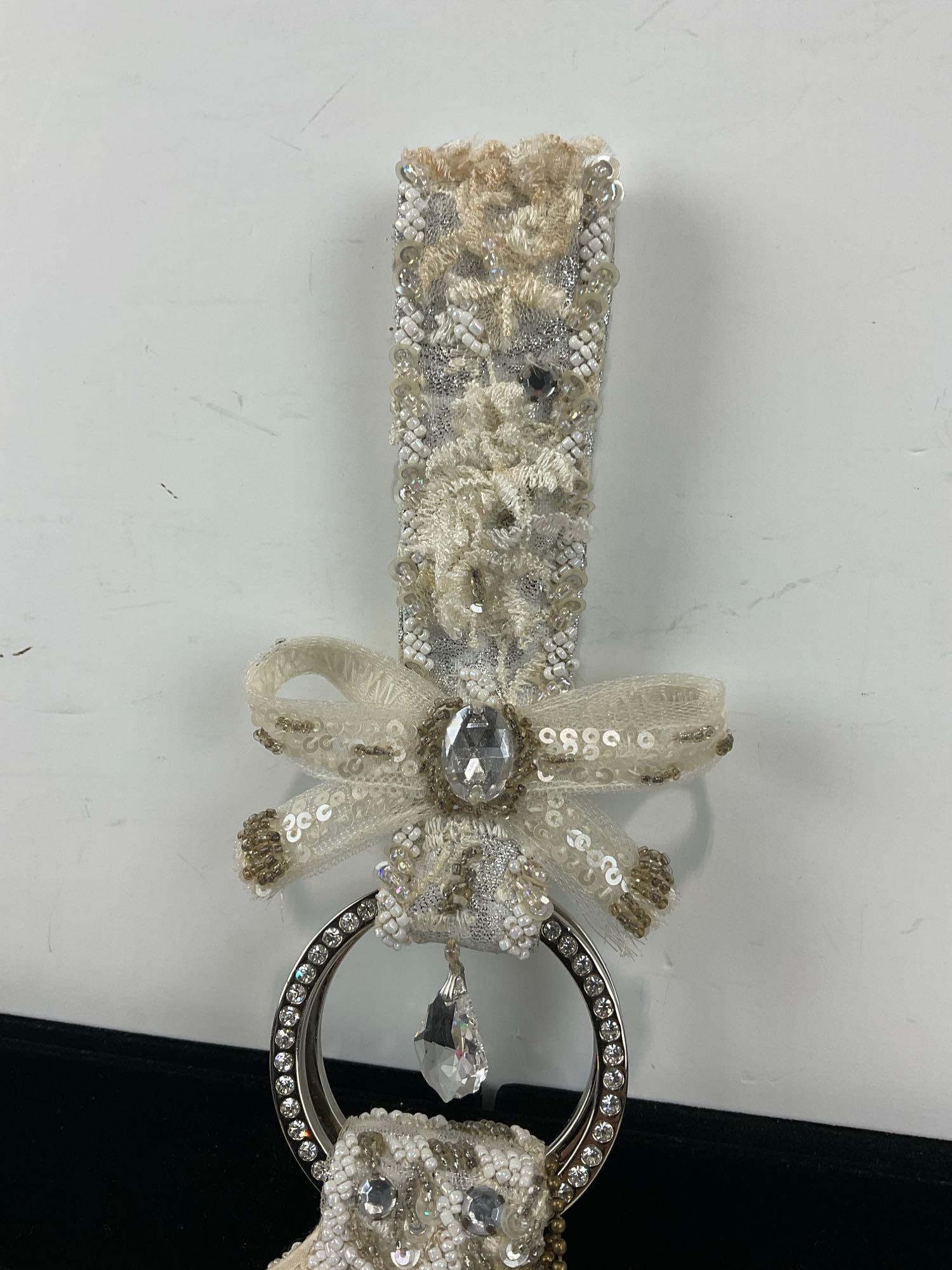 Mary Frances Handbag White Beads on Silver Fabric, Crystal Prisms Hanging, w/COA - 2