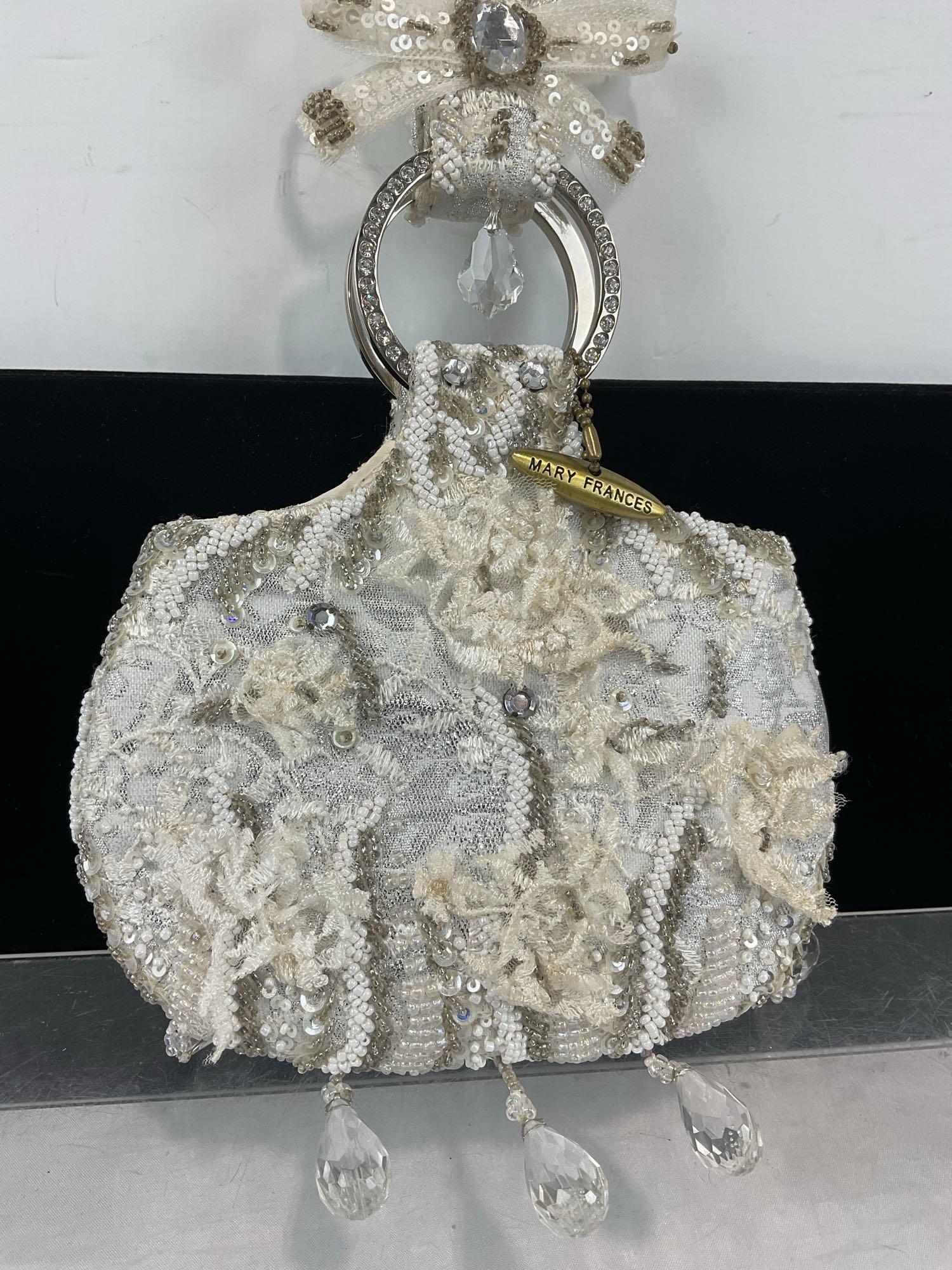 Mary Frances Handbag White Beads on Silver Fabric, Crystal Prisms Hanging, w/COA - 3