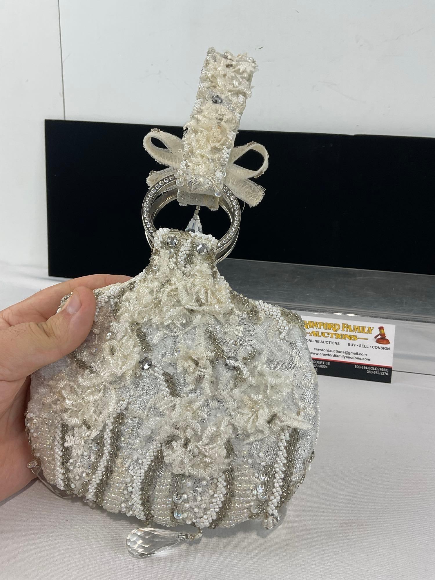 Mary Frances Handbag White Beads on Silver Fabric, Crystal Prisms Hanging, w/COA - 4