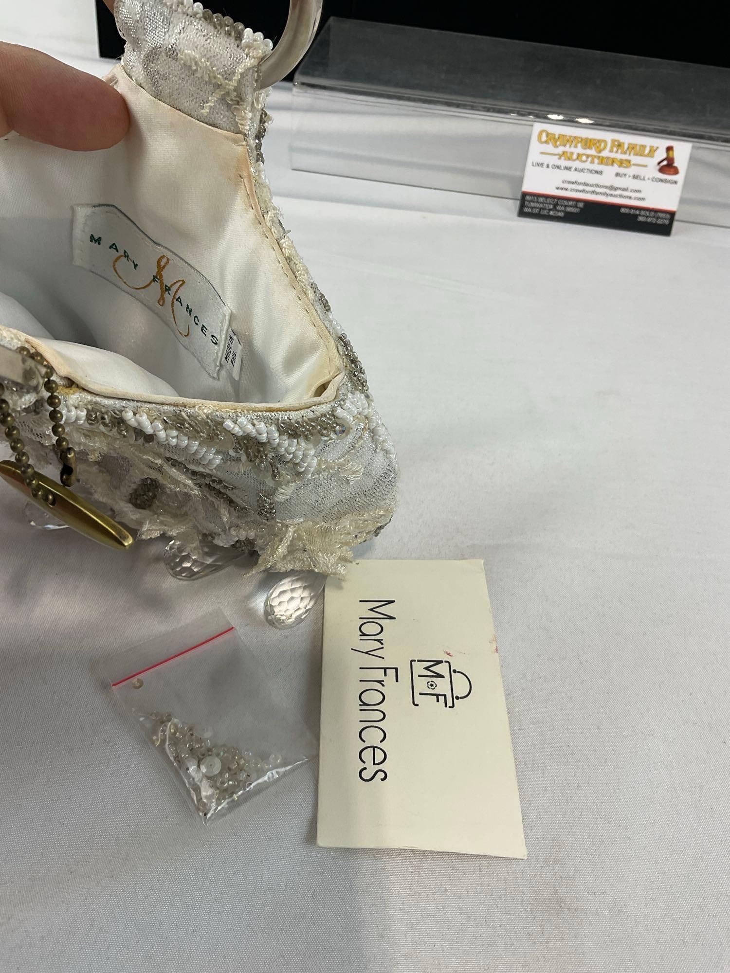 Mary Frances Handbag White Beads on Silver Fabric, Crystal Prisms Hanging, w/COA - 5