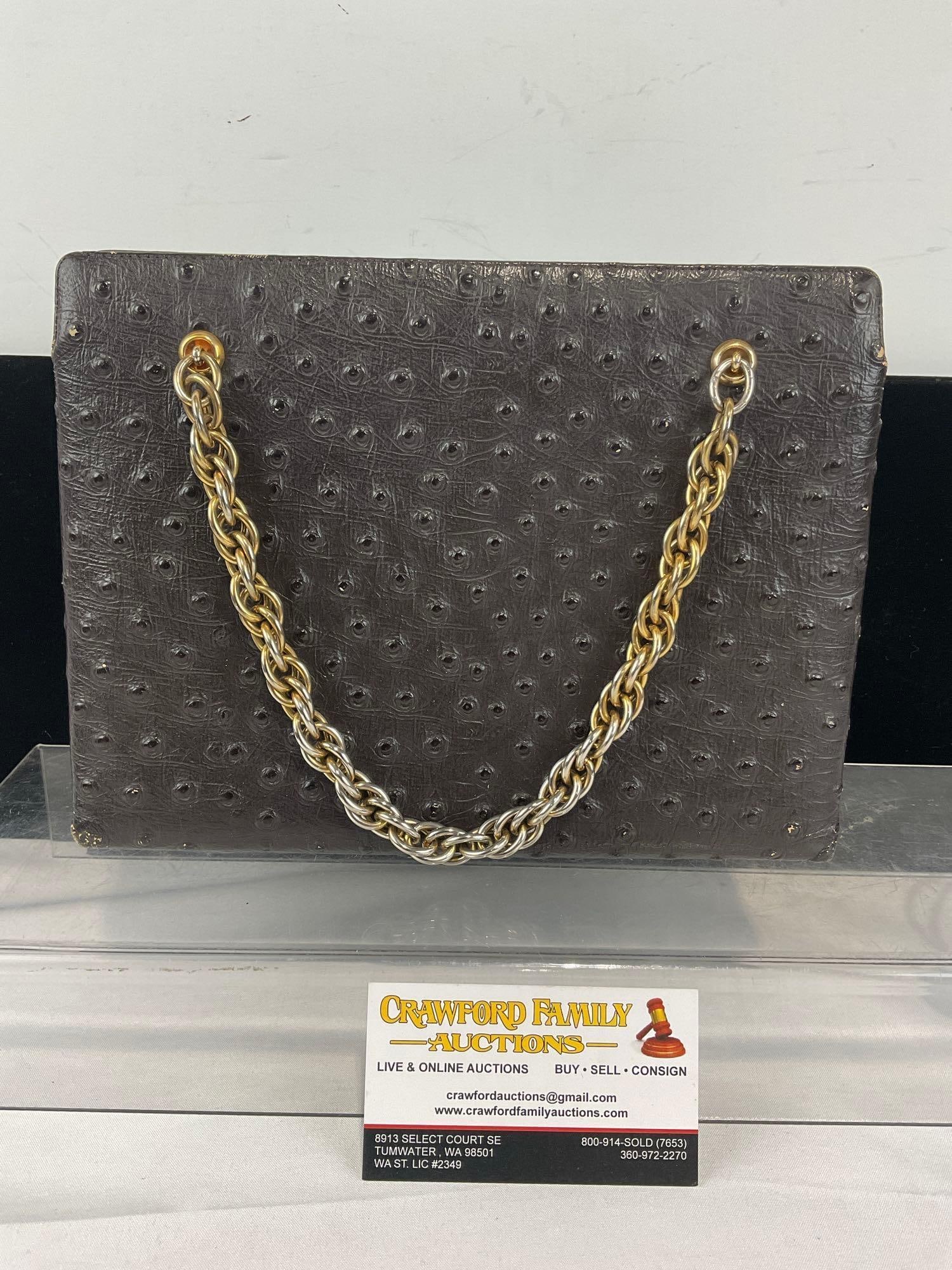 Highend Koret Genuine Ostrich Leather Handbag, Tan Liner w/Gold tone coinpurse, 8x10x5 inches: Previously listed for about 200 dollars. Appears to be in fair to good shape, some small signs of wear. The piece measures approx 8h x 10w x 5d inches. See pics. E-6630