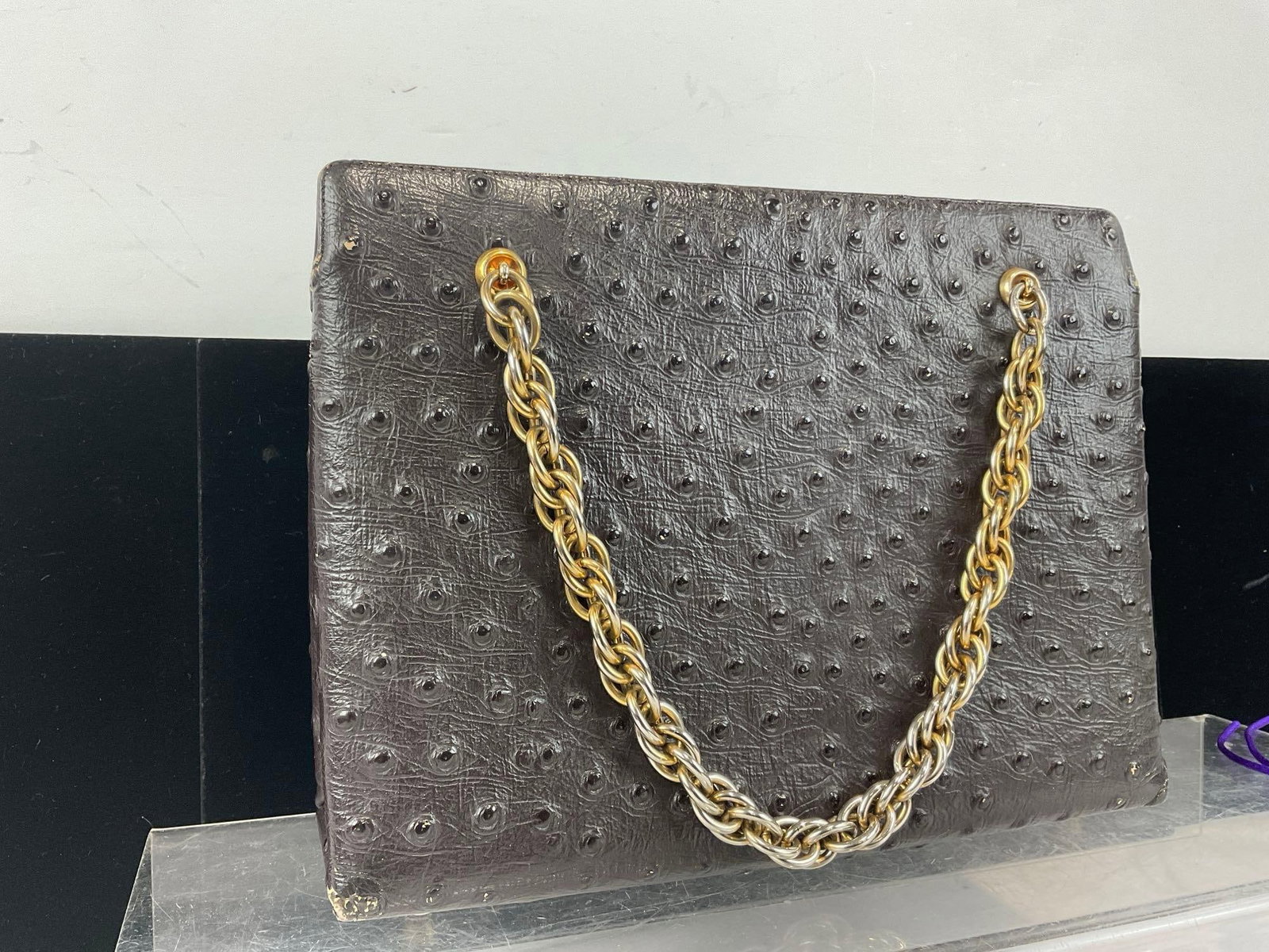 Highend Koret Genuine Ostrich Leather Handbag, Tan Liner w/Gold tone coinpurse, 8x10x5 inches - 2