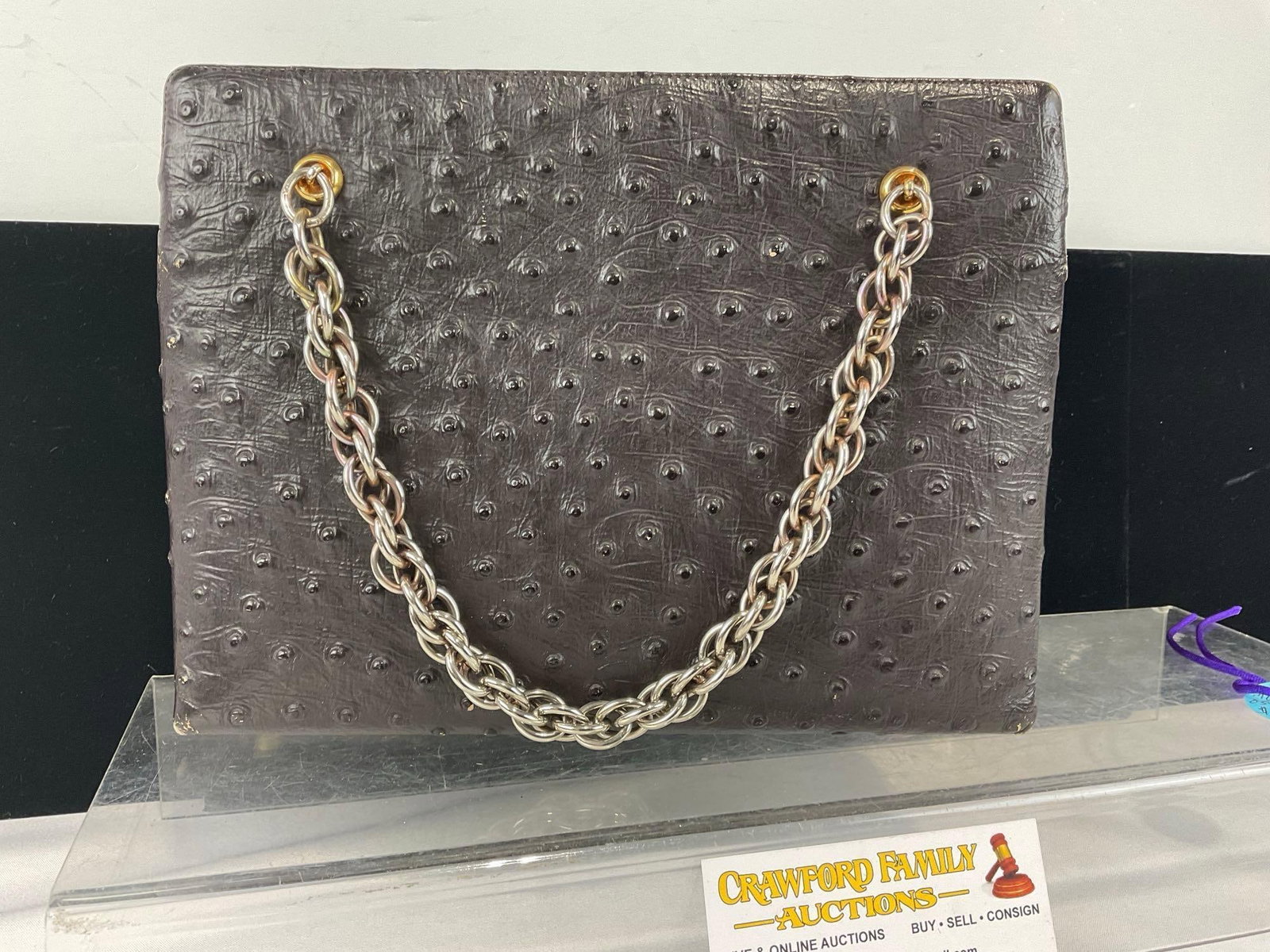 Highend Koret Genuine Ostrich Leather Handbag, Tan Liner w/Gold tone coinpurse, 8x10x5 inches - 3