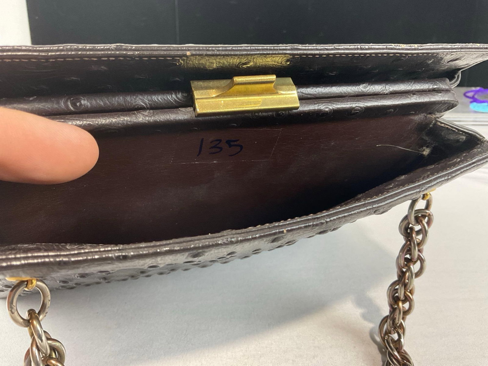 Highend Koret Genuine Ostrich Leather Handbag, Tan Liner w/Gold tone coinpurse, 8x10x5 inches - 4