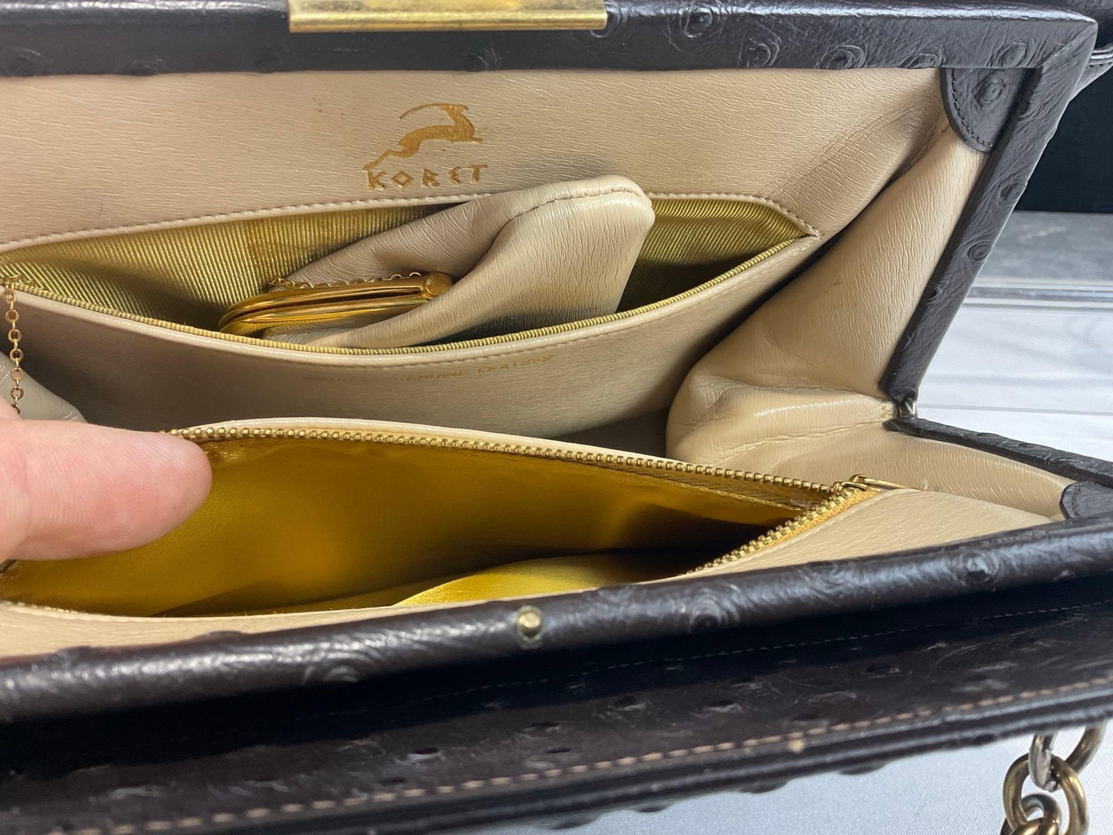 Highend Koret Genuine Ostrich Leather Handbag, Tan Liner w/Gold tone coinpurse, 8x10x5 inches - 5