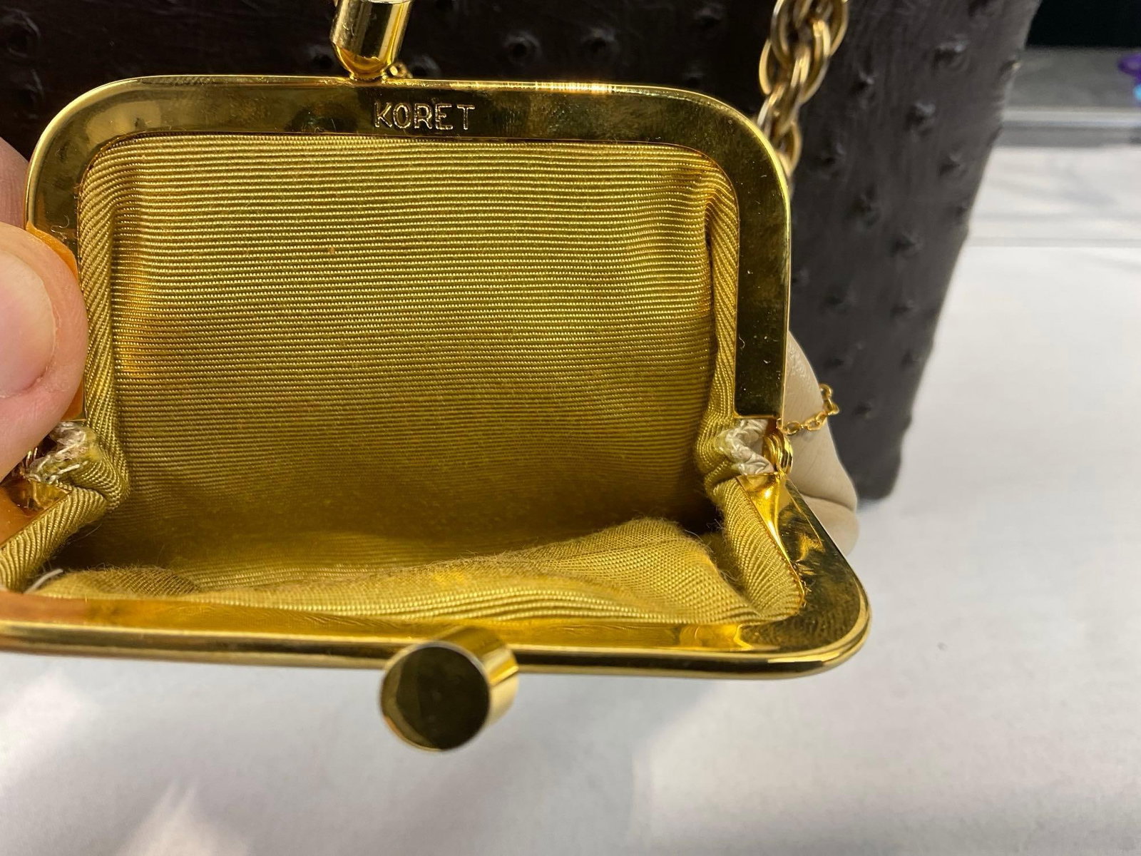 Highend Koret Genuine Ostrich Leather Handbag, Tan Liner w/Gold tone coinpurse, 8x10x5 inches - 7