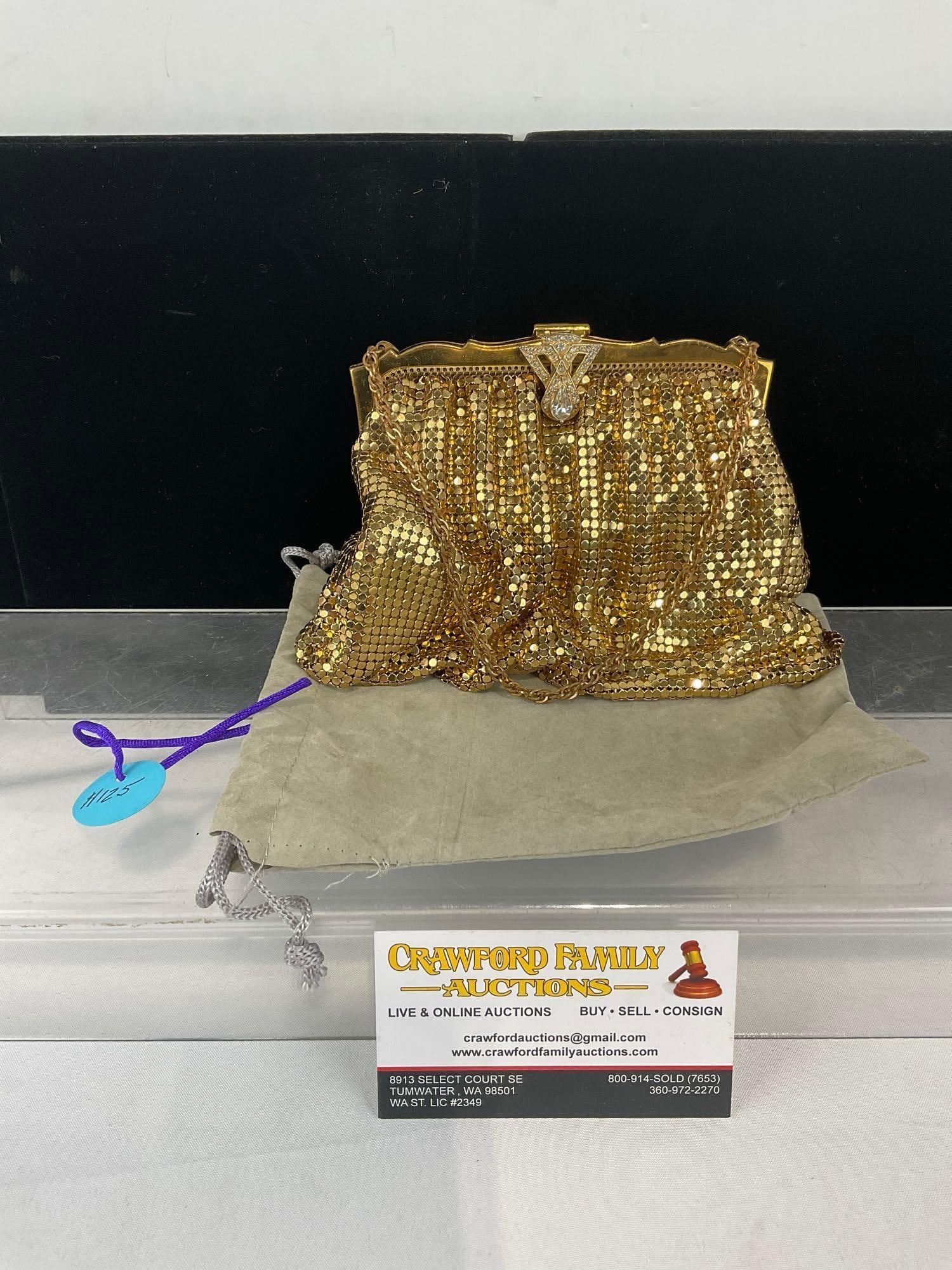 Early 20th Century Whiting & Davis Gold-Tone Mesh Evening Bag, w/Rhinestone Clasp: Previously listed for 125 dollars. Appears to be in good shape. The piece measures approx 7h x 6w x 3d inches. See pics. E-6630