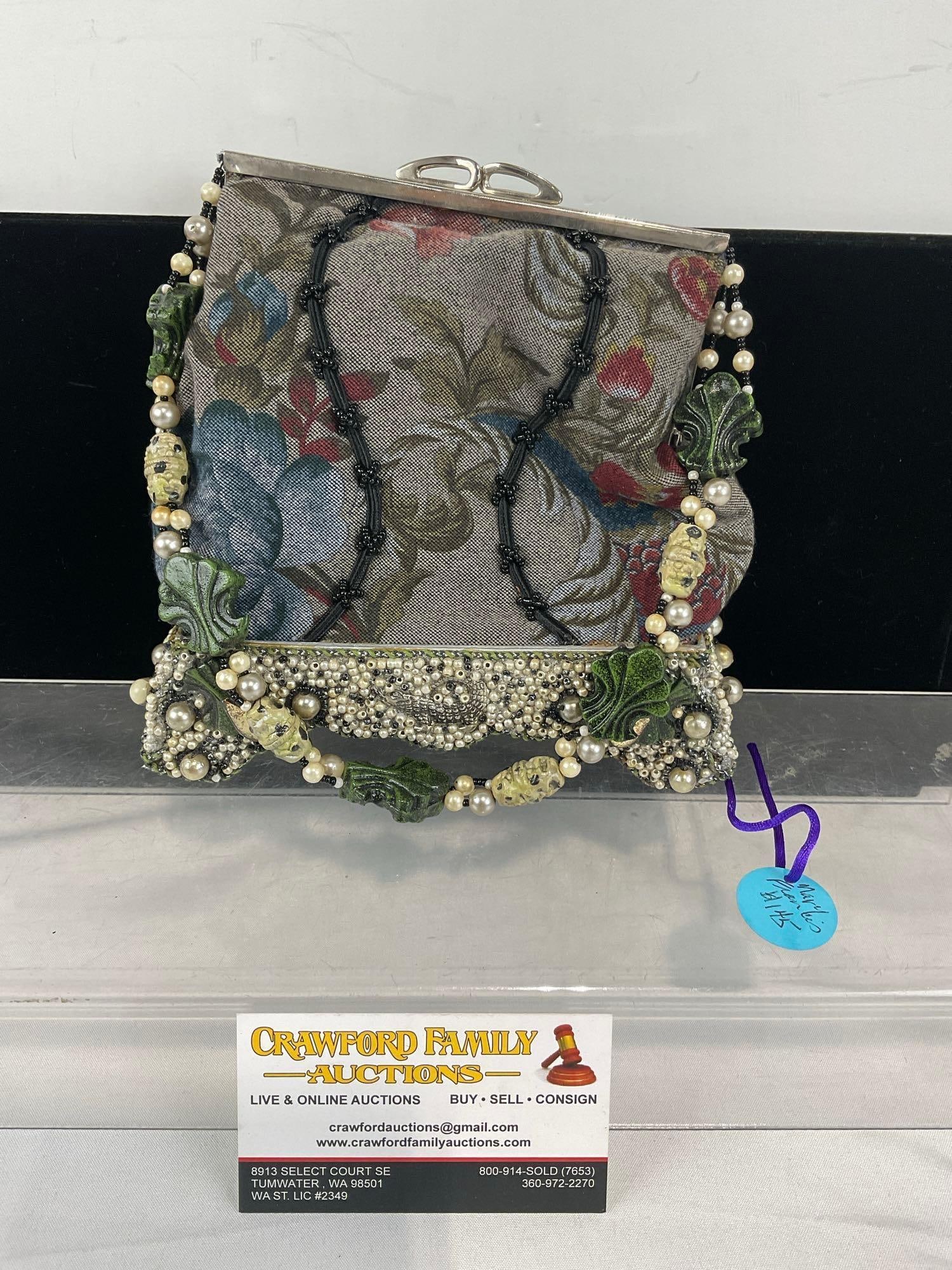 Vintage Mary Frances Purse, Tapestry style Evening Bag w/Bead & Faux? Pearl Details: Previously listed for 145 dollars. Appears to be in good shape. The piece measures approx 5h x 8w x 4d inches. See pics. E-6630